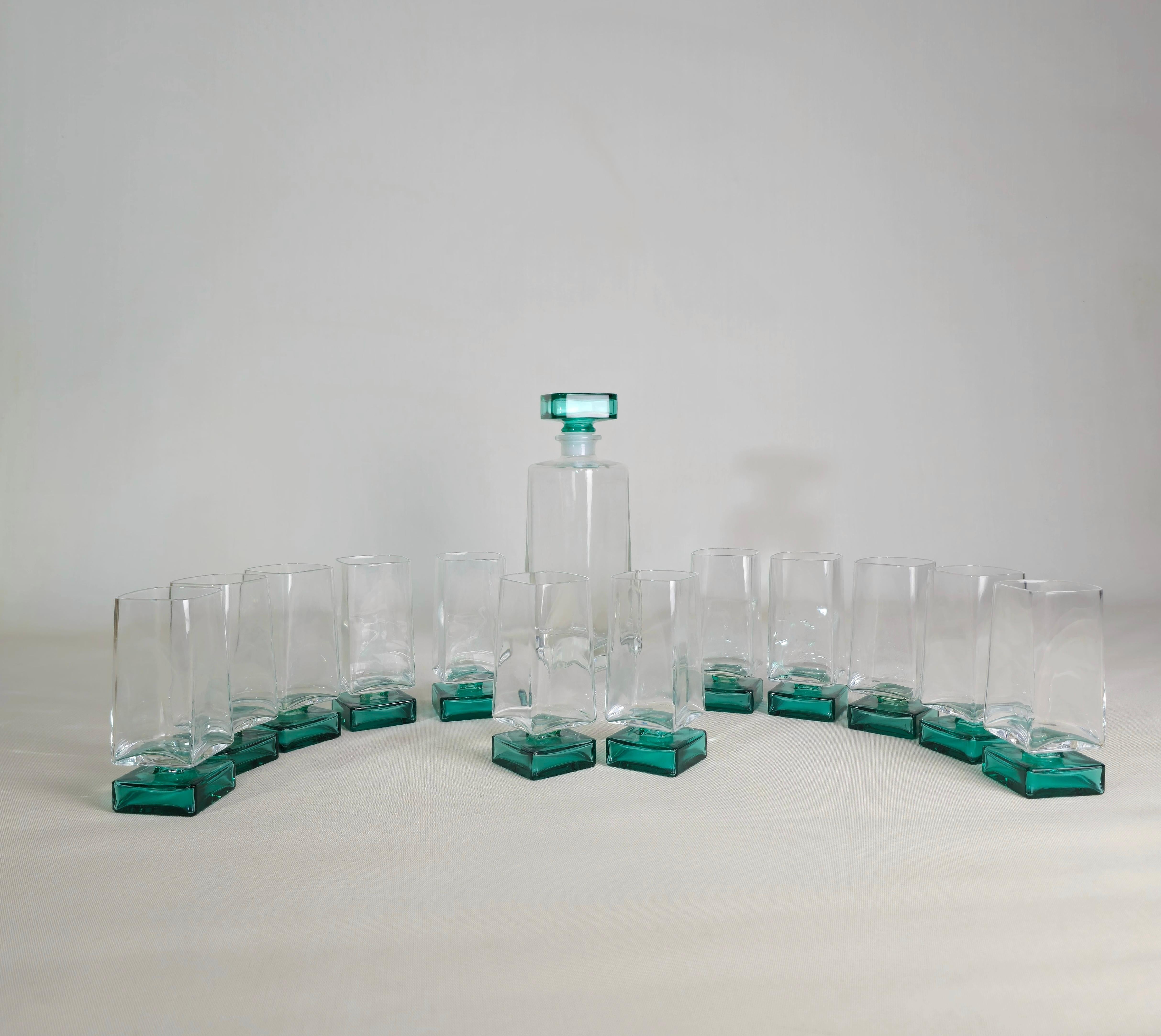Crystal Serveware Glasses Bottle Transparent Green Modern Italy 1990s Set of 13 For Sale 3