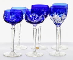 Set of 6 Mixed Stem Glasses Cobalt Blue with Colored Overlay Cut to Clear