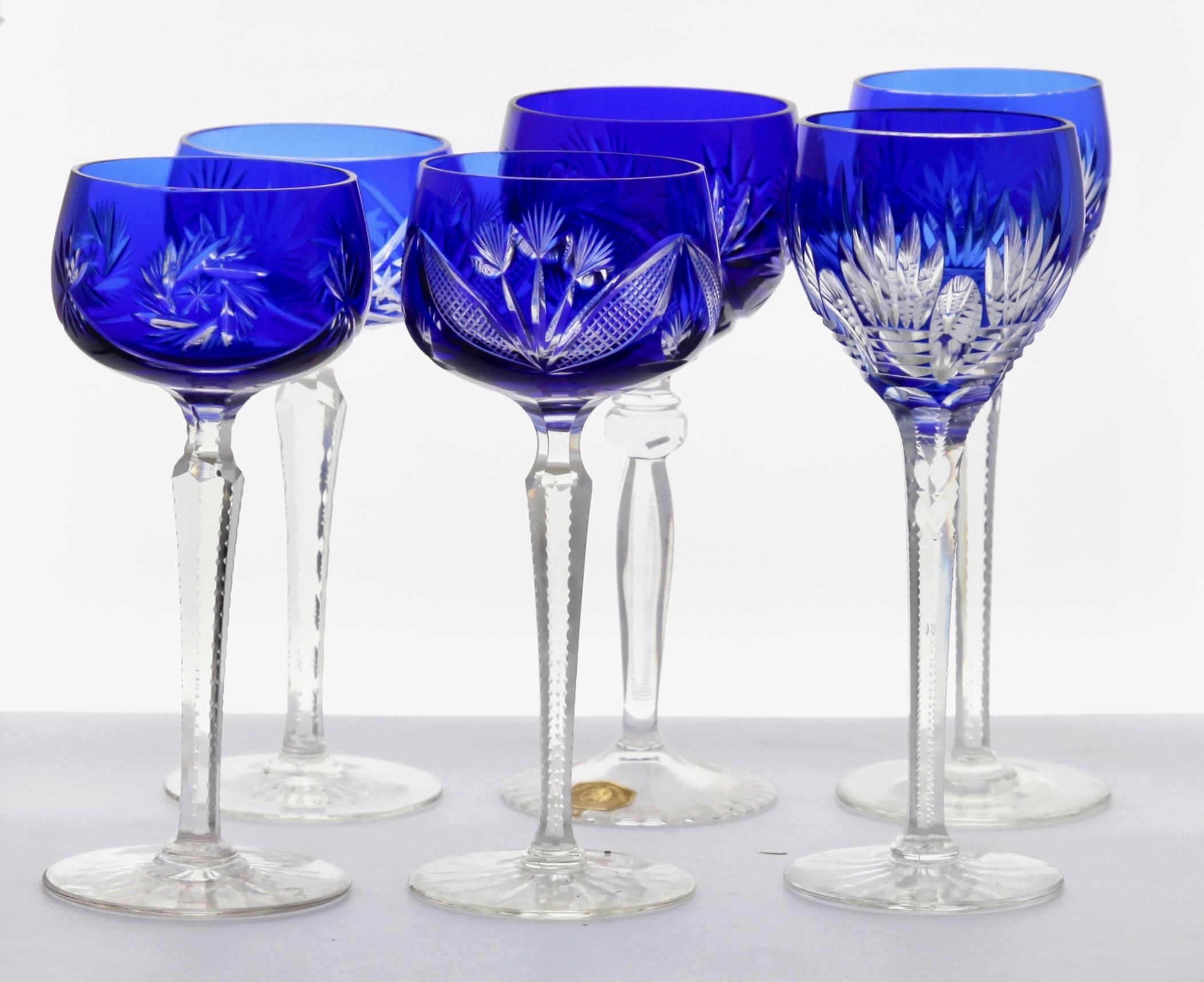 Mid-Century Modern Set of 6 Mixed Stem Glasses Cobalt Blue with Colored Overlay Cut to Clear