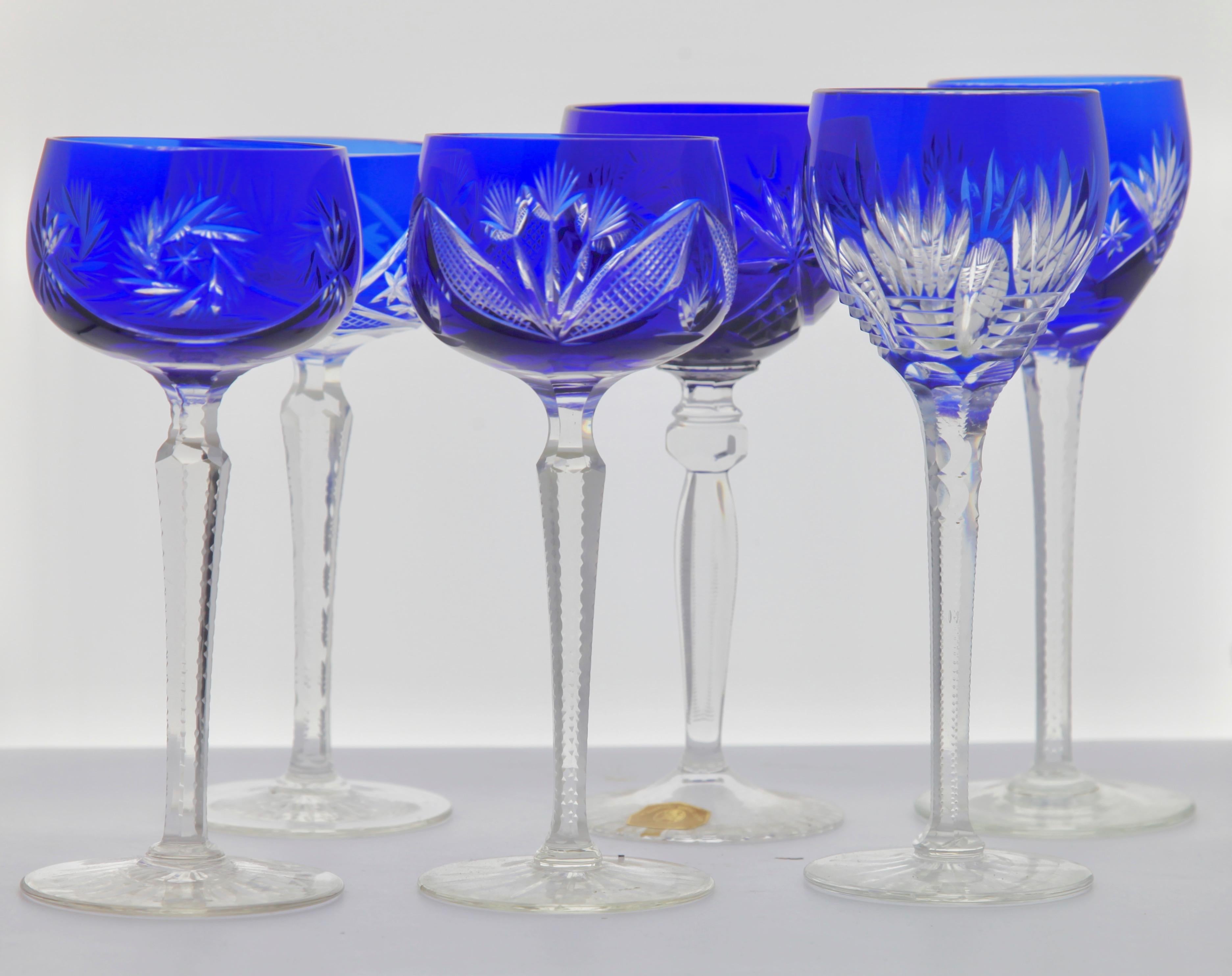 Faceted Set of 6 Mixed Stem Glasses Cobalt Blue with Colored Overlay Cut to Clear