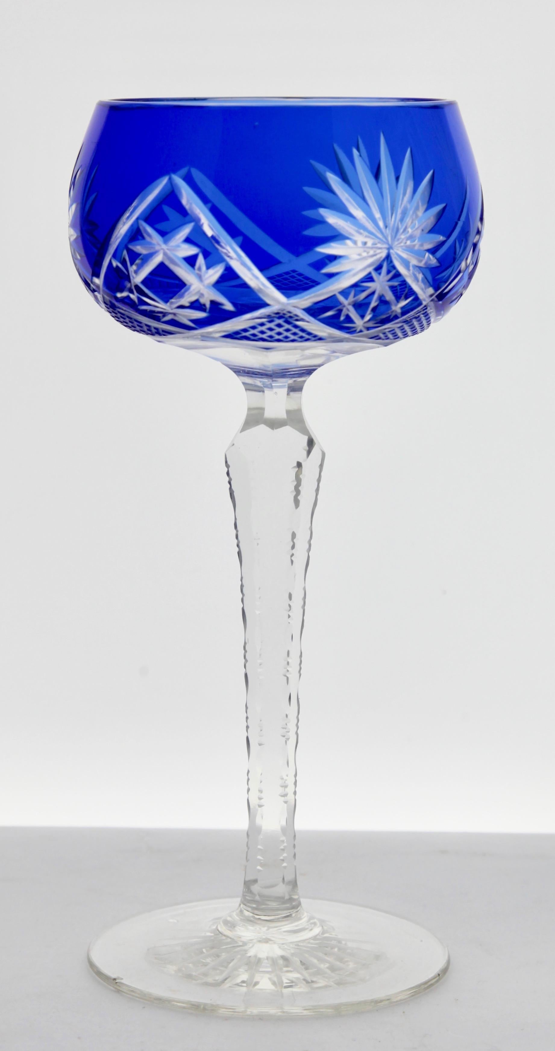 Mid-20th Century Set of 6 Mixed Stem Glasses Cobalt Blue with Colored Overlay Cut to Clear