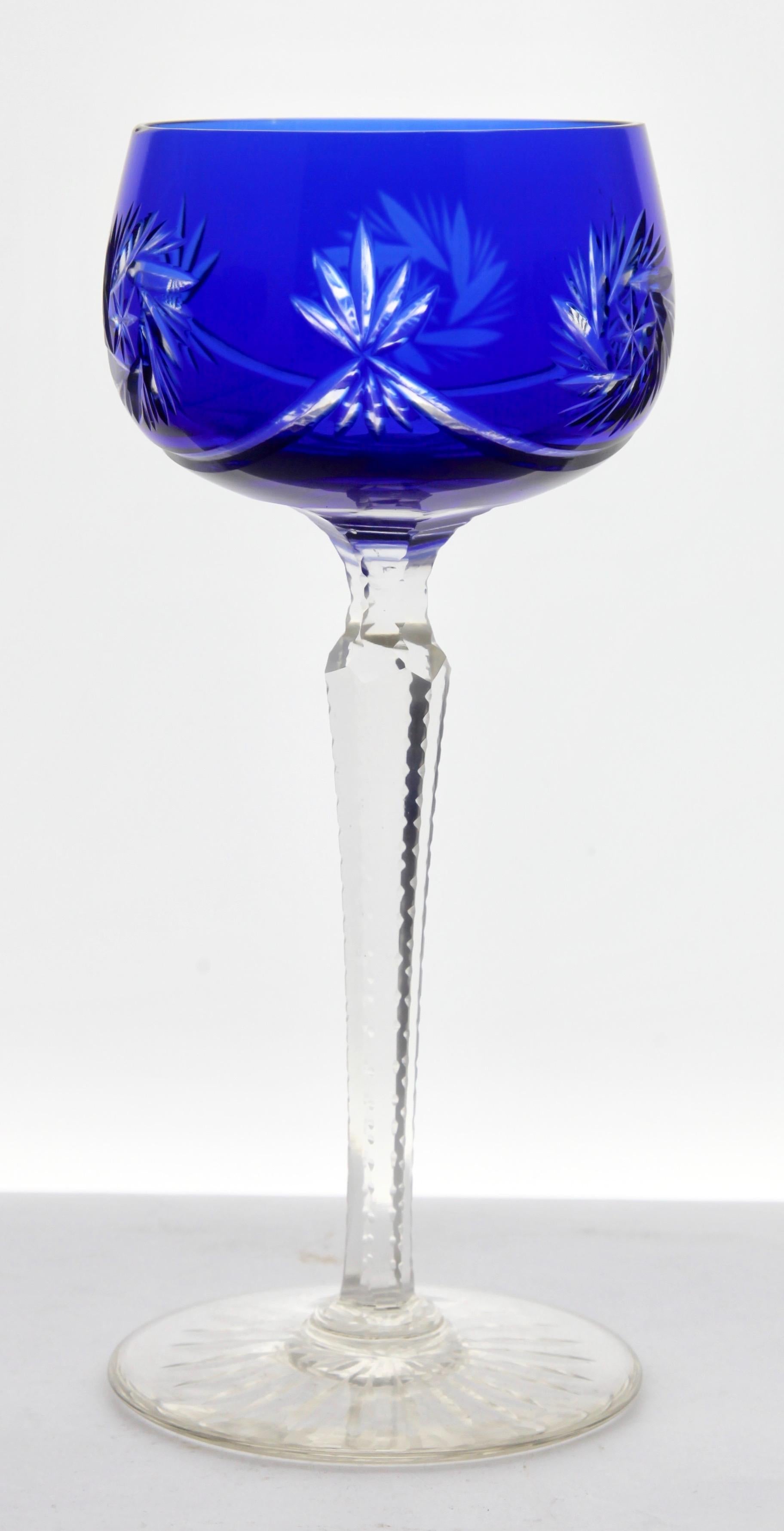 Crystal Set of 6 Mixed Stem Glasses Cobalt Blue with Colored Overlay Cut to Clear