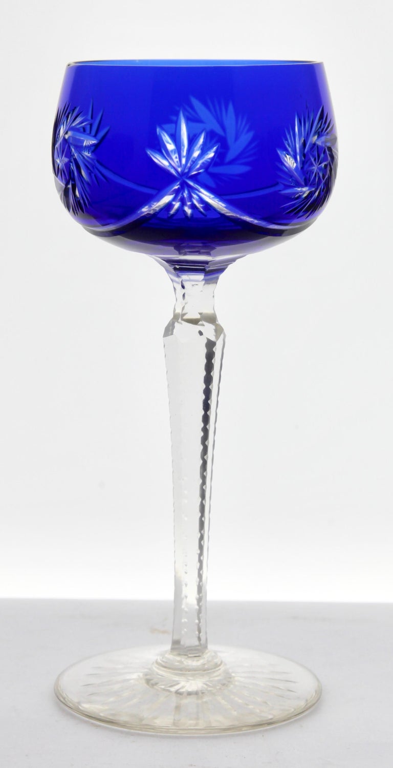 Set of 6 Mixed Stem Glasses Cobalt Blue with Colored Overlay Cut to ...