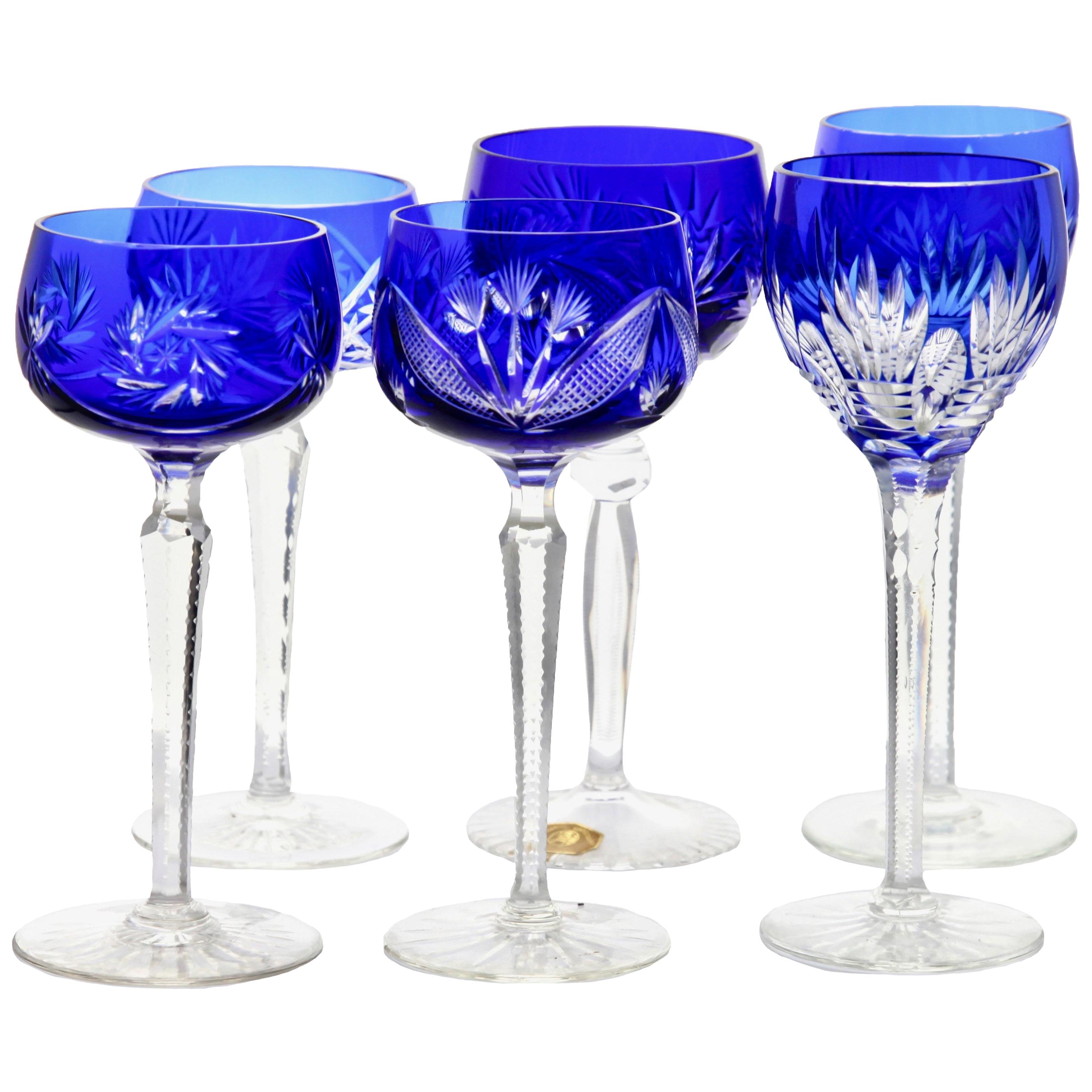 Set of 6 Mixed Stem Glasses Cobalt Blue with Colored Overlay Cut to Clear