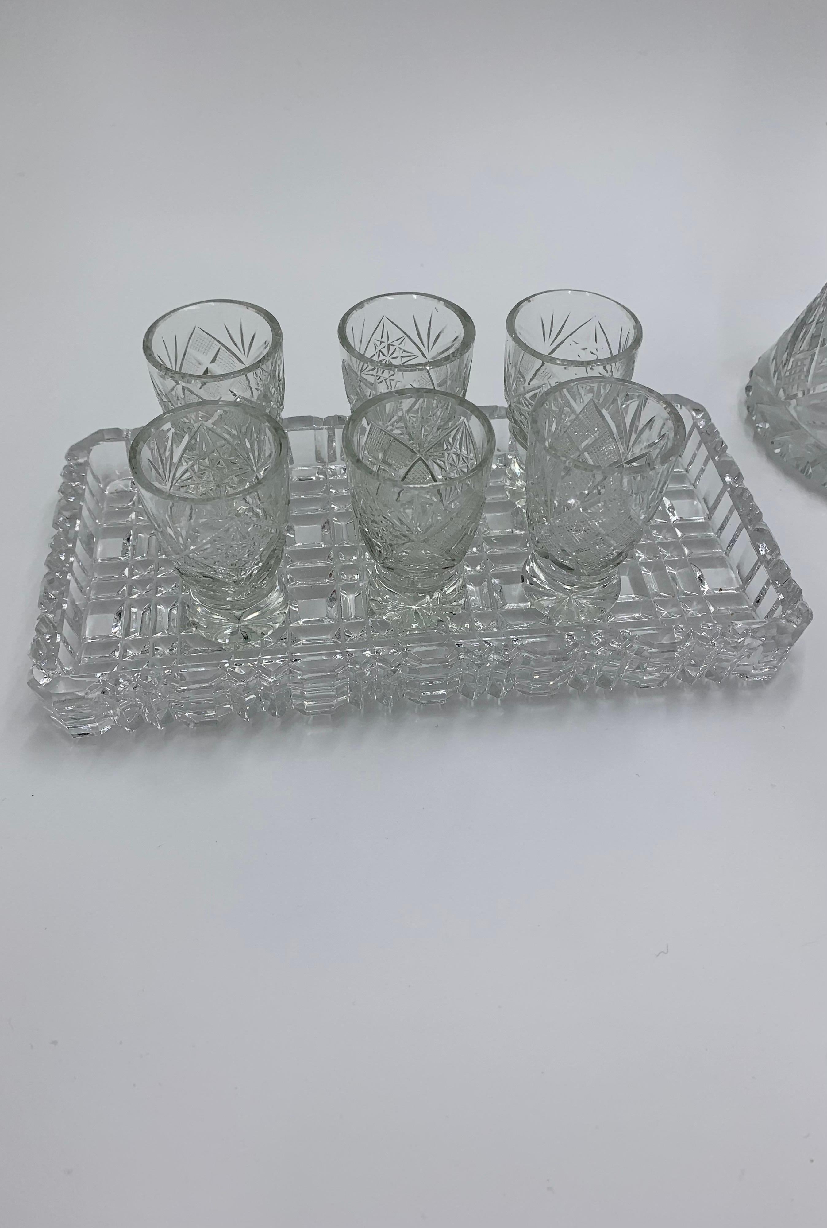 Mid-Century Modern Crystal Set, Decanter, Shot Glasses and Casket