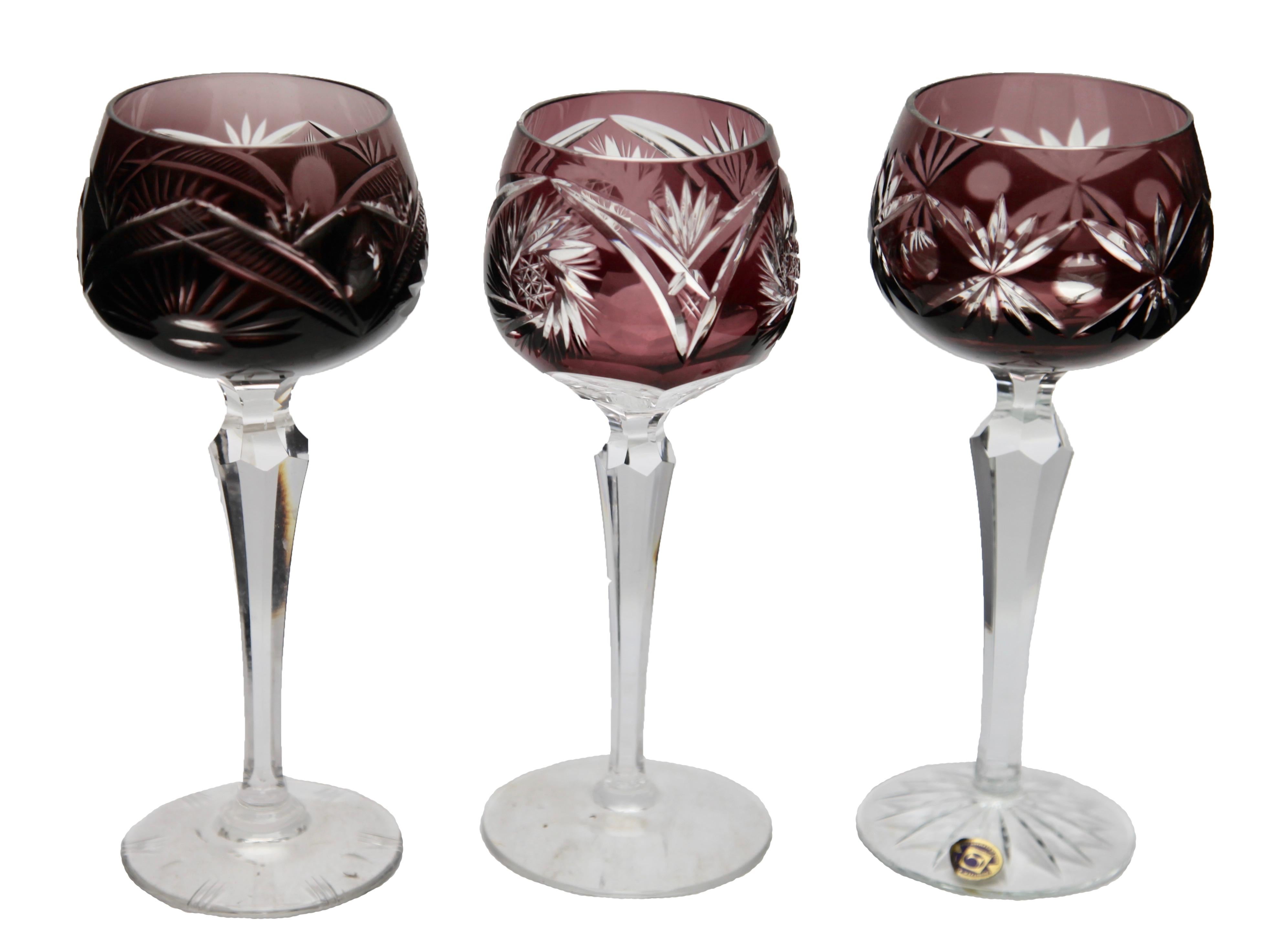 Mid-20th Century Crystal Set of 10 Lausitzer Stem Glasses with Colored Overlay Cut to Clear