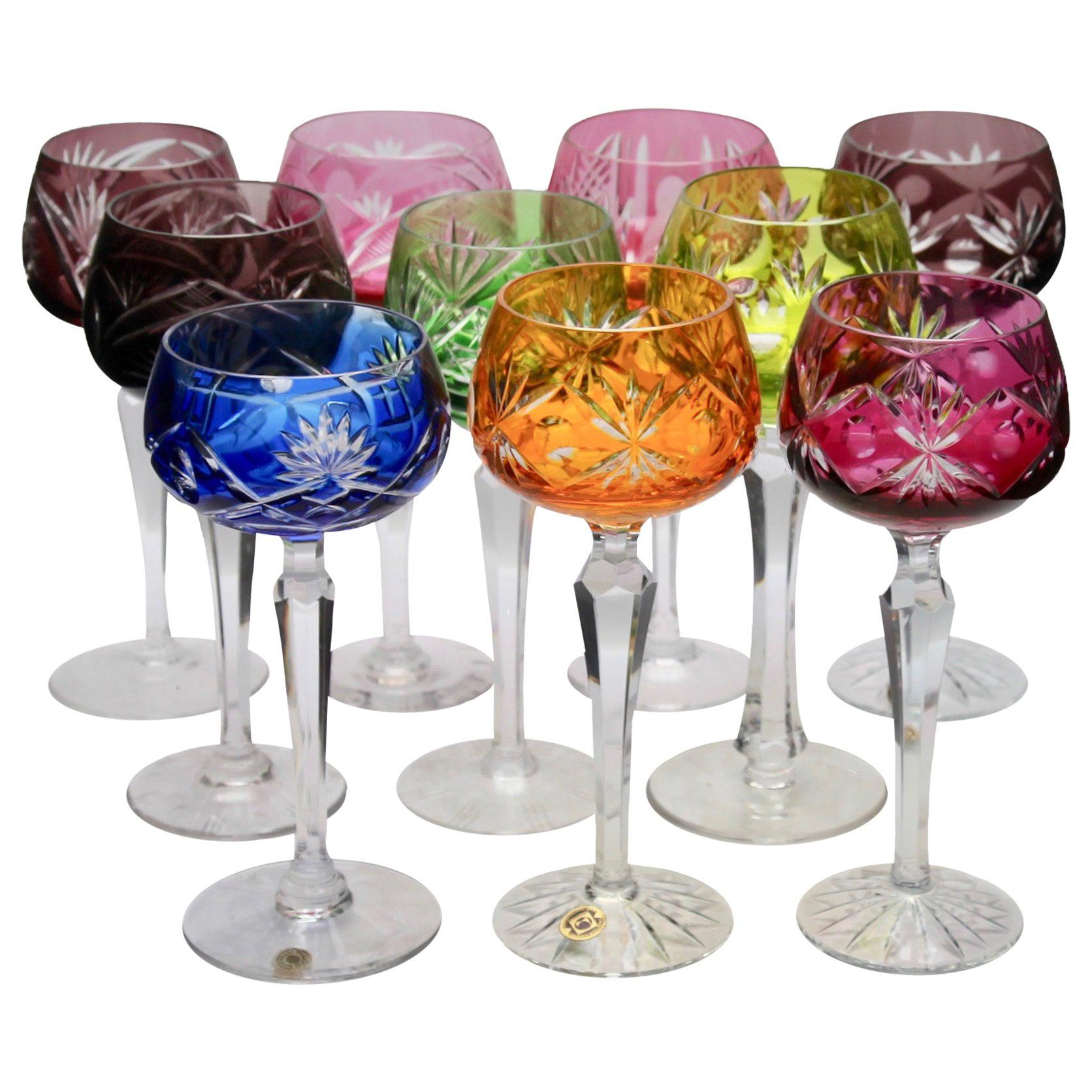 Crystal Set of 10 Lausitzer Stem Glasses with Colored Overlay Cut to Clear