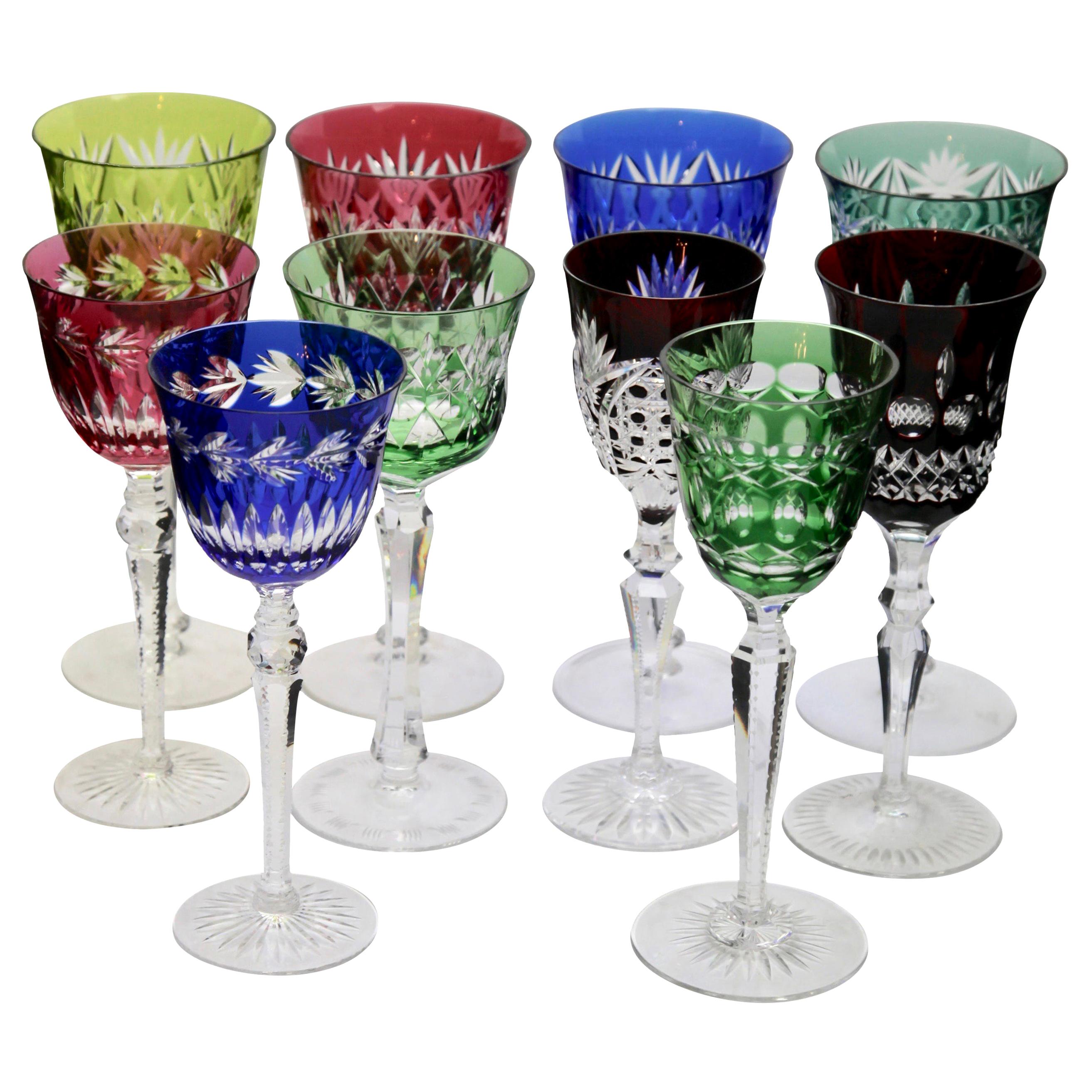 Crystal Set of 10 Mixed Stem Glasses with Colored Overlay Cut to Clear For Sale at 1stdibs