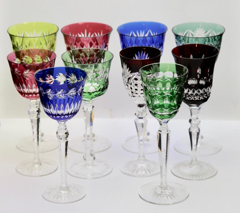 Crystal Set of 10 Mixt Stem Glasses with Colored Overlay Cut to Clear