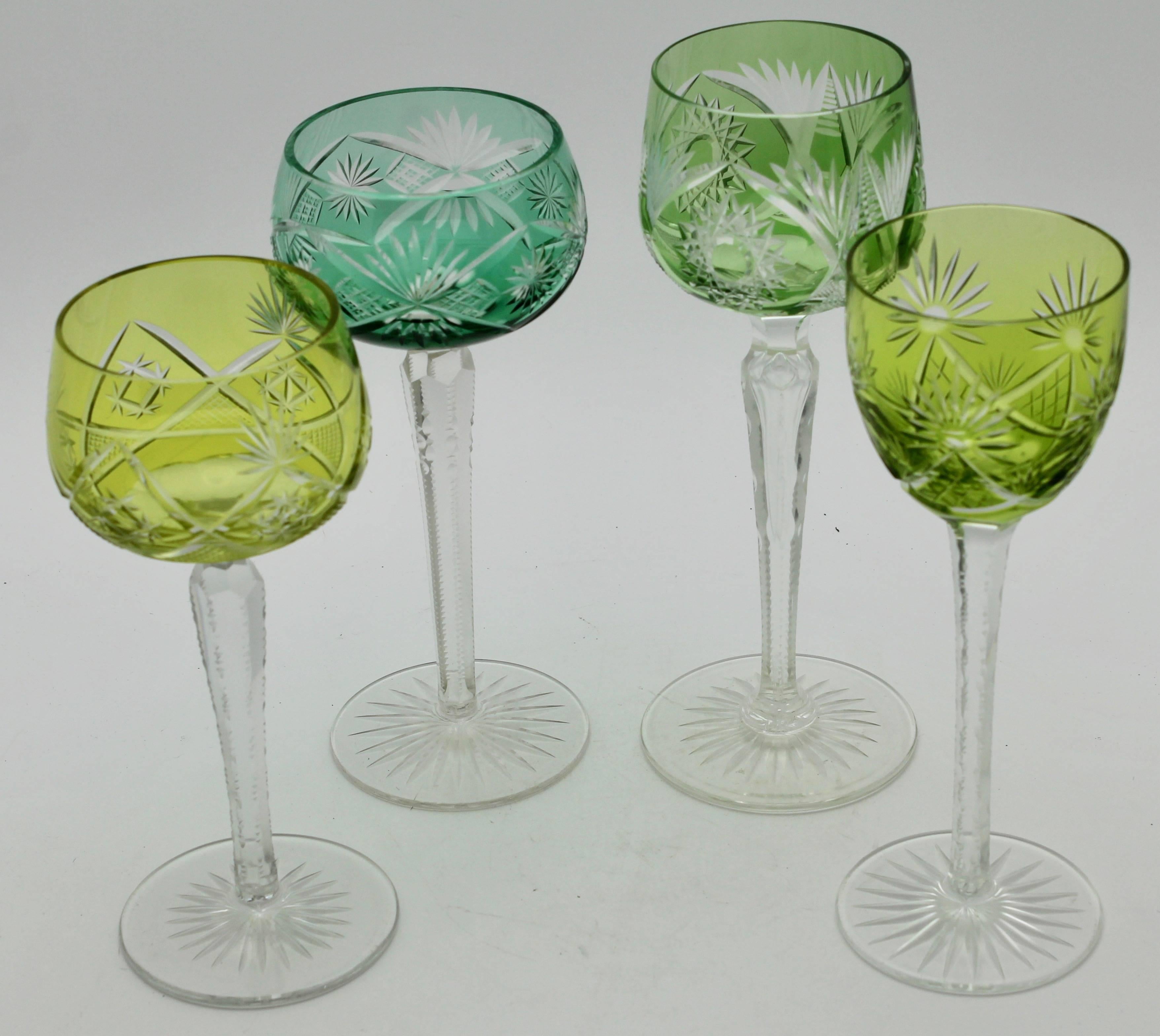 Mid-Century Modern Crystal Set of 16 Lausitzer Stem Glasses with Colored Overlay Cut to Clear