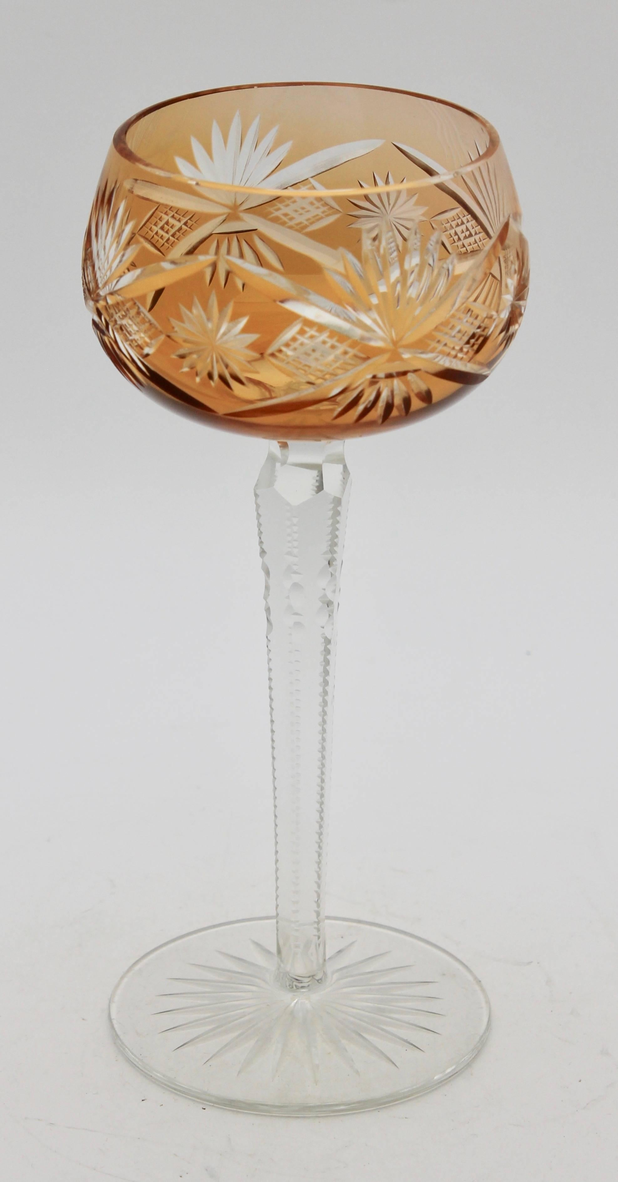 Mid-20th Century Crystal Set of 16 Lausitzer Stem Glasses with Colored Overlay Cut to Clear