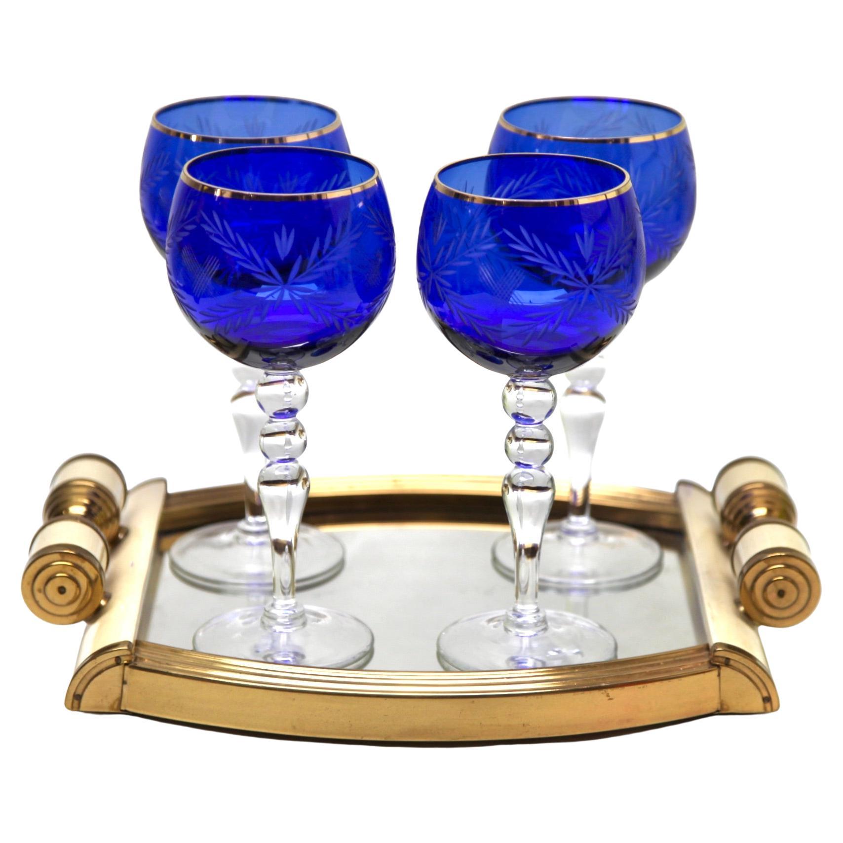 Crystal Set of 4 Stem Glasses Cobalt Overlay Cut to Clear with Tray