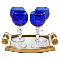 Crystal Set of 4 Stem Glasses Cobalt Overlay Cut to Clear with Tray