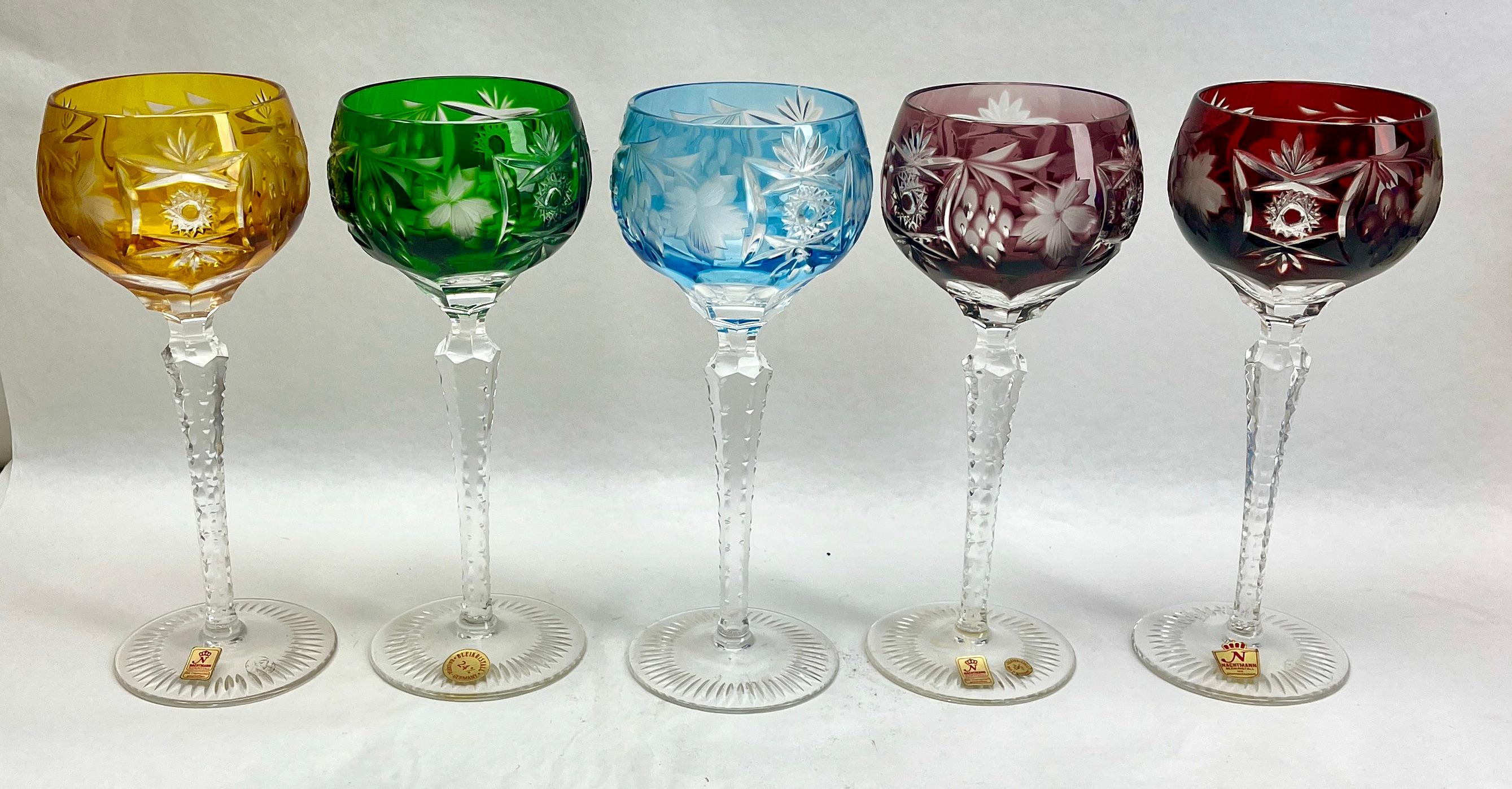 Mid-20th Century Crystal Set of 5 Nachtmann Label Stem Glasses with Overlay Cut to Clear For Sale