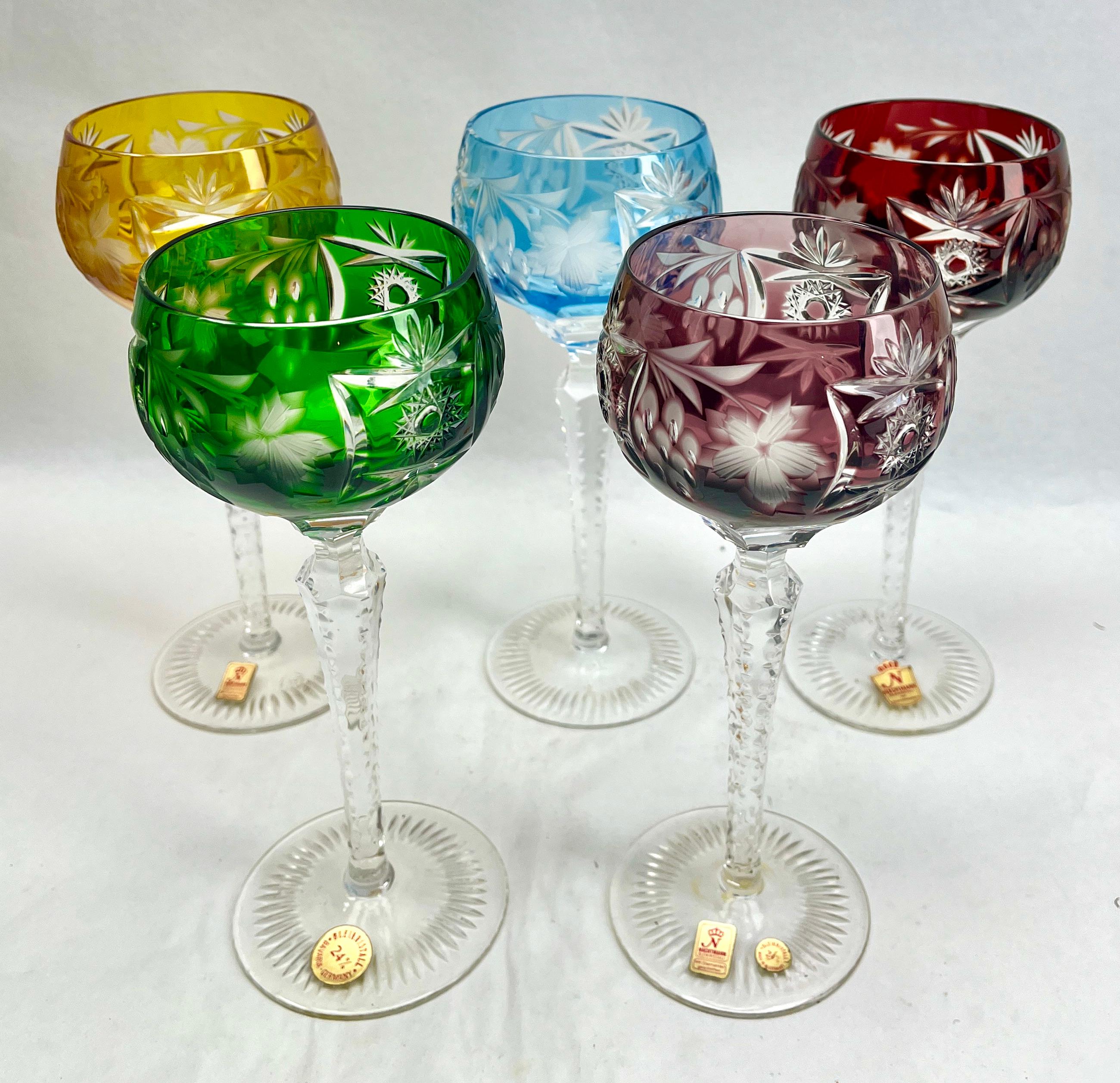Crystal Set of 5 Nachtmann Label Stem Glasses with Overlay Cut to Clear For Sale 1