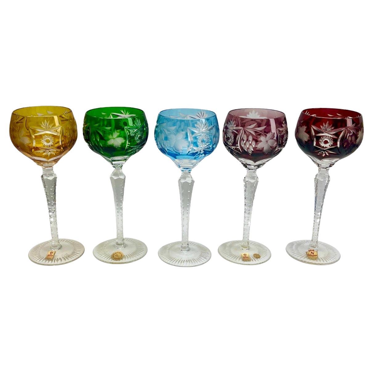 Crystal Set of 5 Nachtmann Label Stem Glasses with Overlay Cut to Clear For Sale