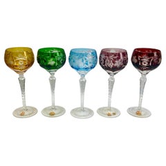 Crystal Set of 5 Nachtmann Label Stem Glasses with Overlay Cut to Clear