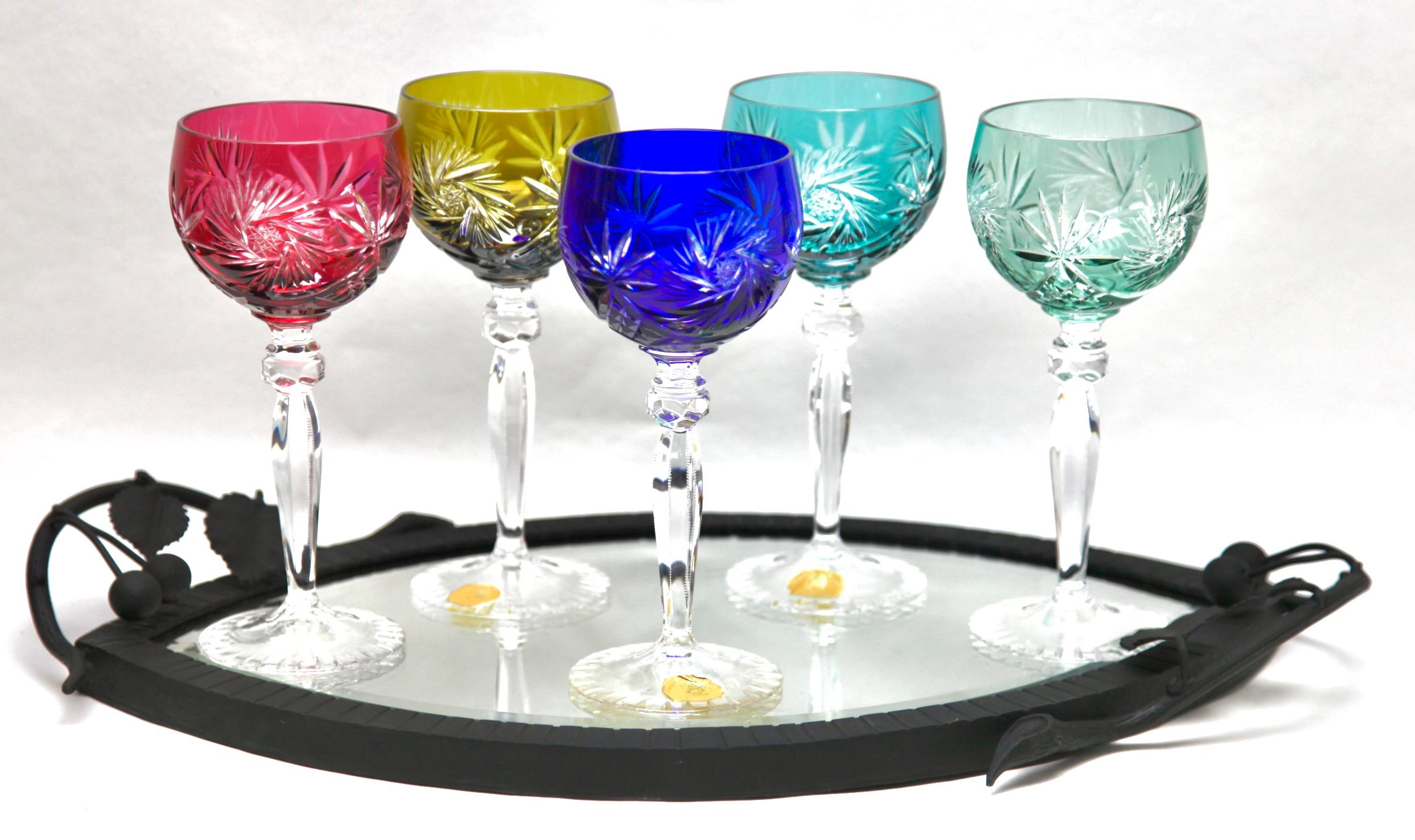 Crystal Set of 5 Stem Glasses Colored Overlay Cut to Clear with Tray Forged Iron For Sale 9