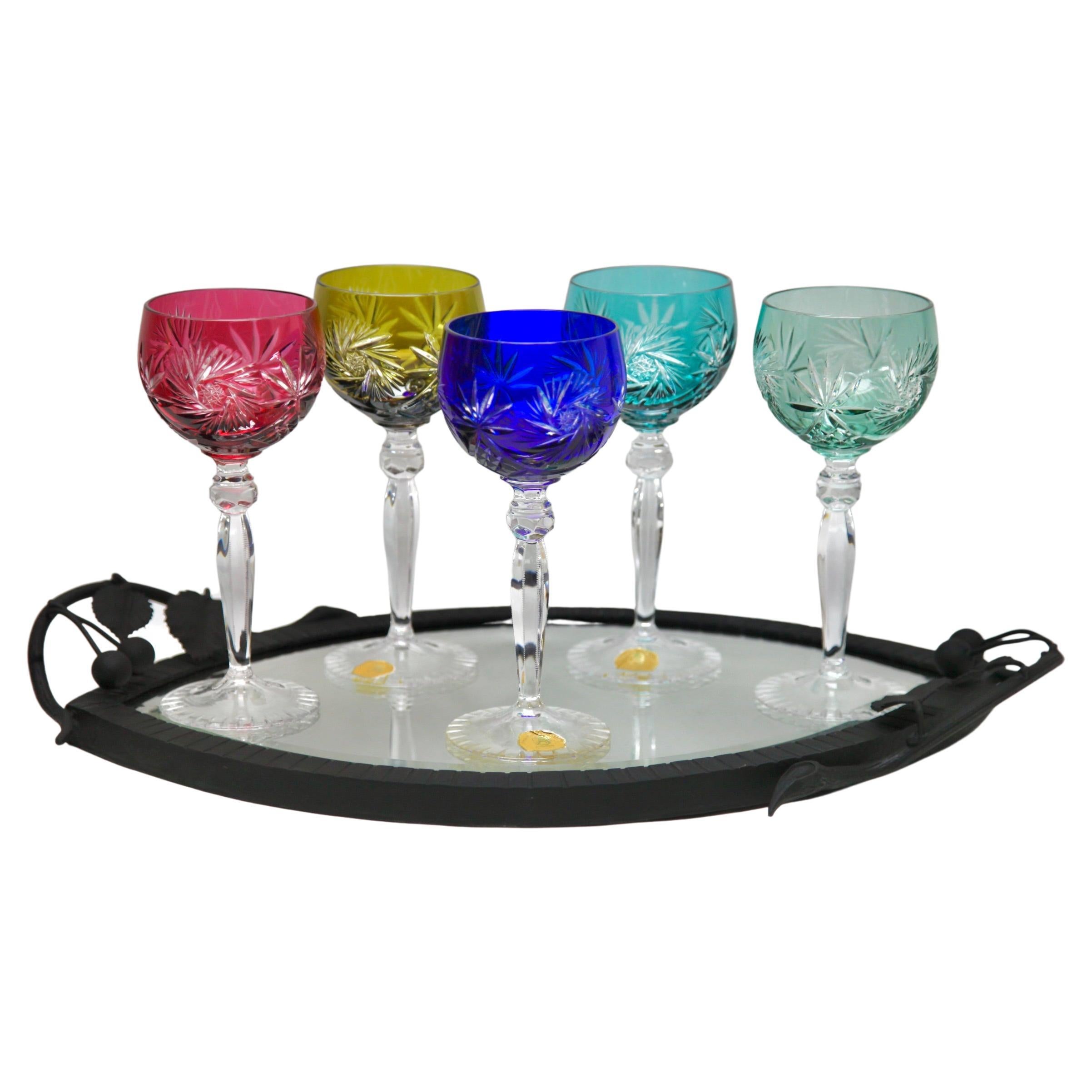 Crystal Set of 5 Stem Glasses Colored Overlay Cut to Clear with Tray Forged Iron For Sale