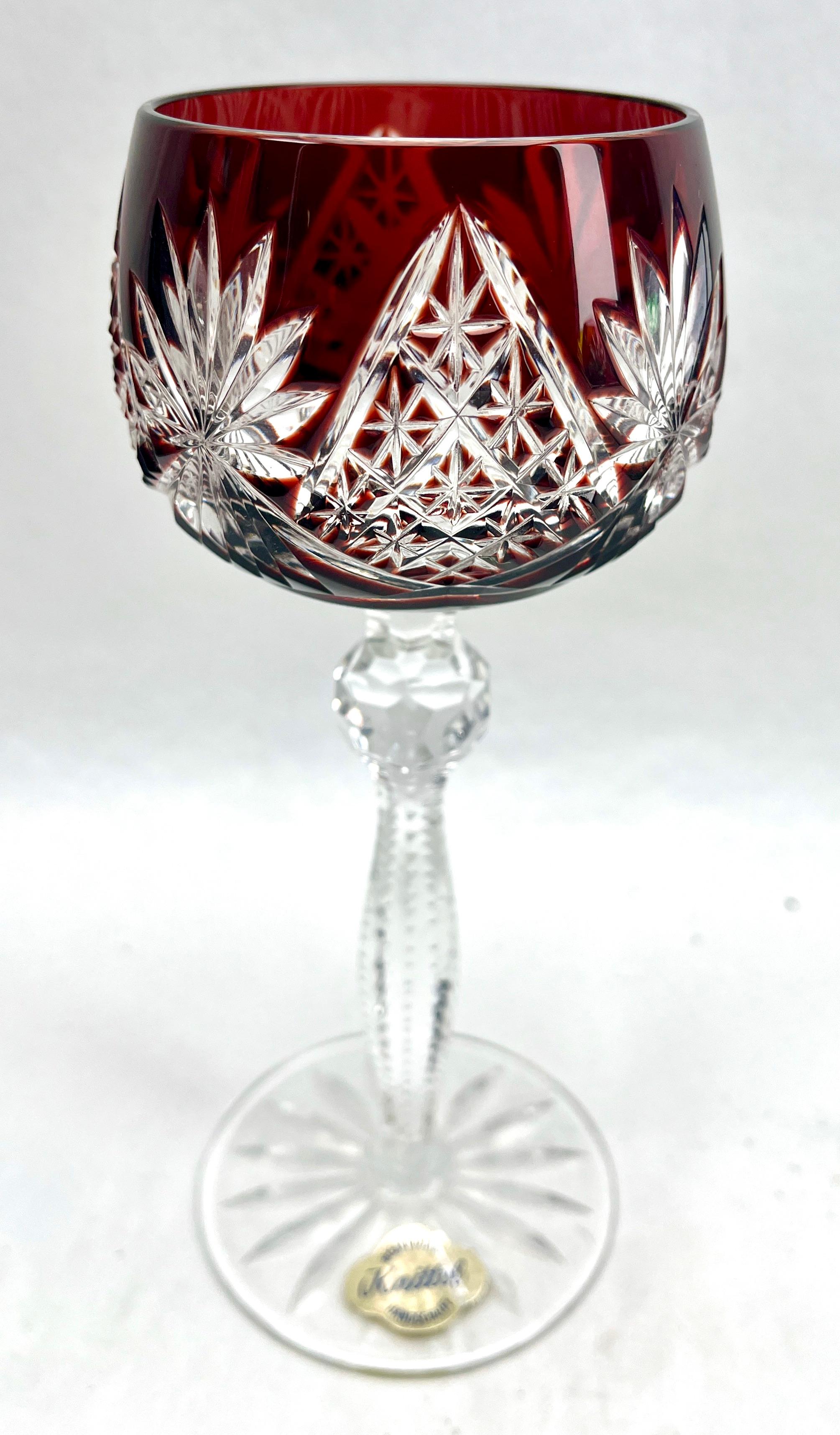 German Crystal Set of 6  Knittel with Label Stem Glasses with Overlay Cut to Clear For Sale