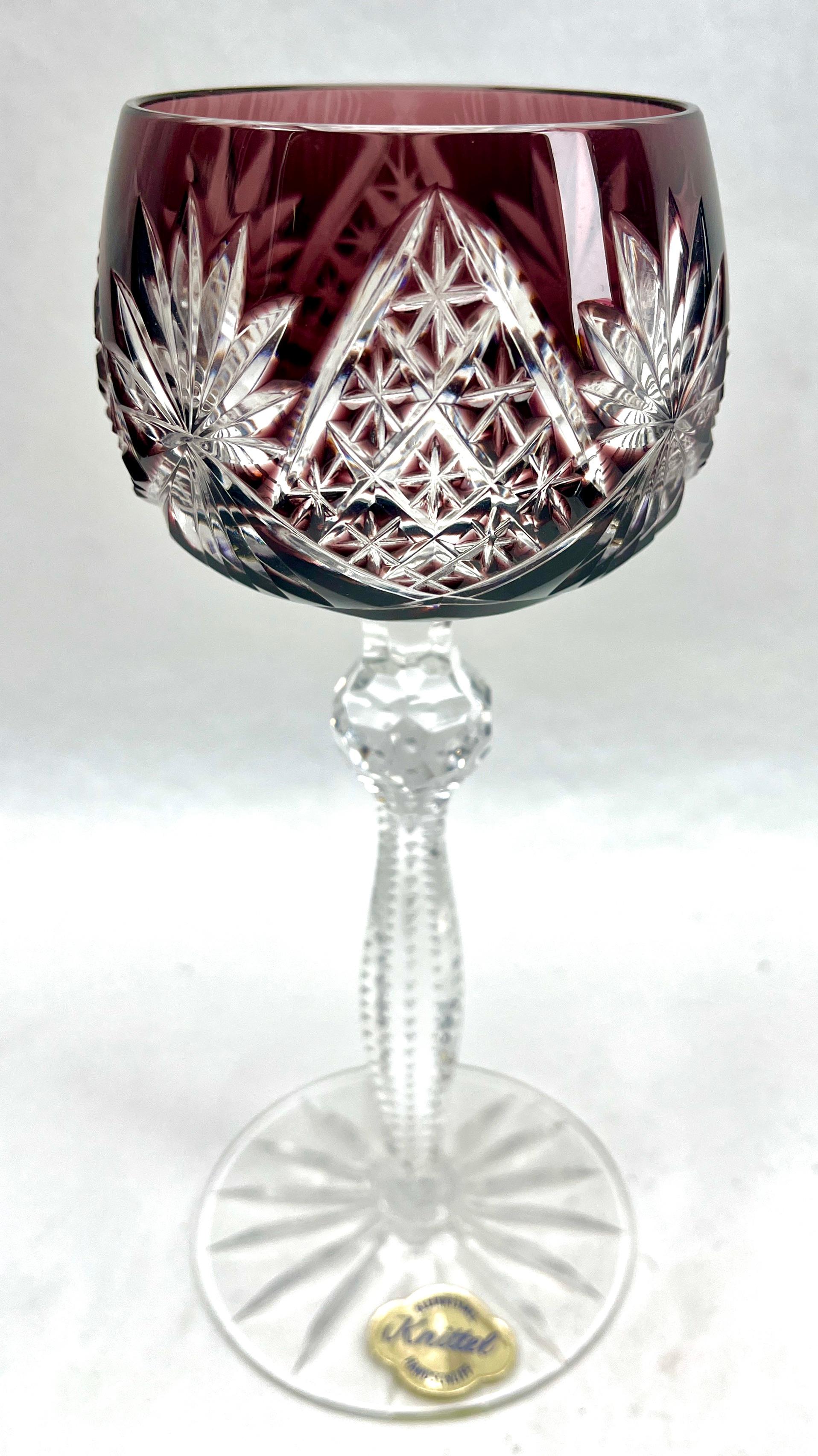 Faceted Crystal Set of 6  Knittel with Label Stem Glasses with Overlay Cut to Clear For Sale