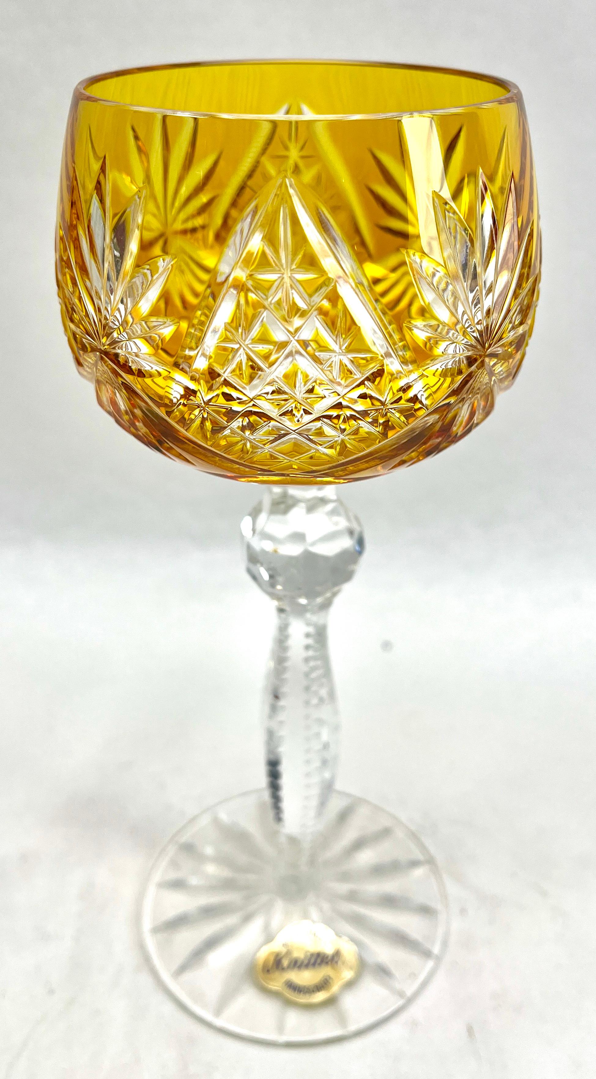 Mid-20th Century Crystal Set of 6  Knittel with Label Stem Glasses with Overlay Cut to Clear For Sale