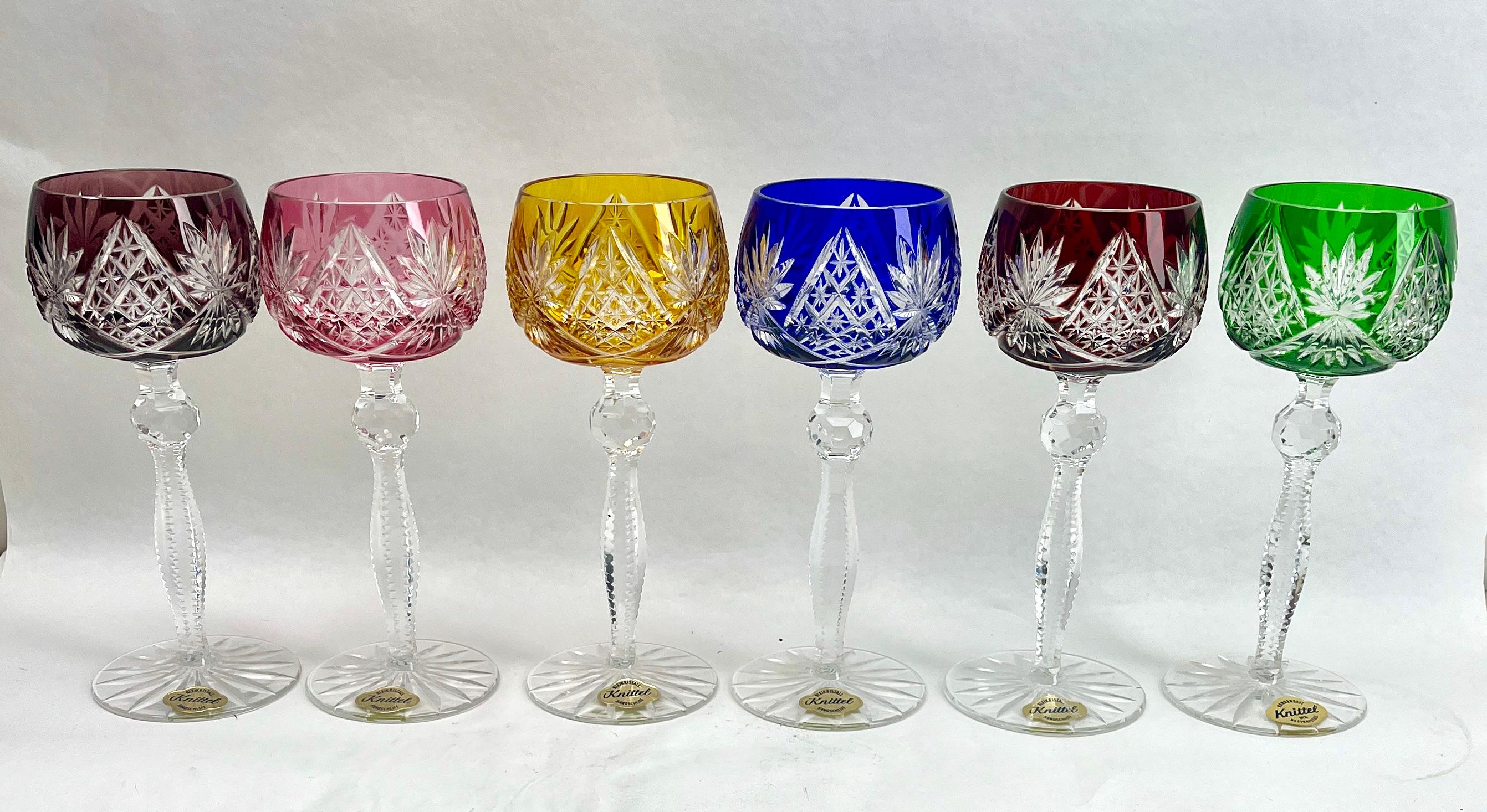Crystal Set of 6  Knittel with Label Stem Glasses with Overlay Cut to Clear For Sale 1