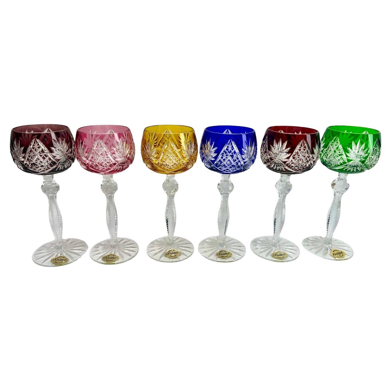Crystal Set of 6  Knittel with Label Stem Glasses with Overlay Cut to Clear For Sale