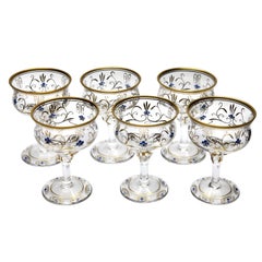 Crystal Set of 6 Liquer Glasses 'Coupes' Hand Painted Styles of Saint Louis