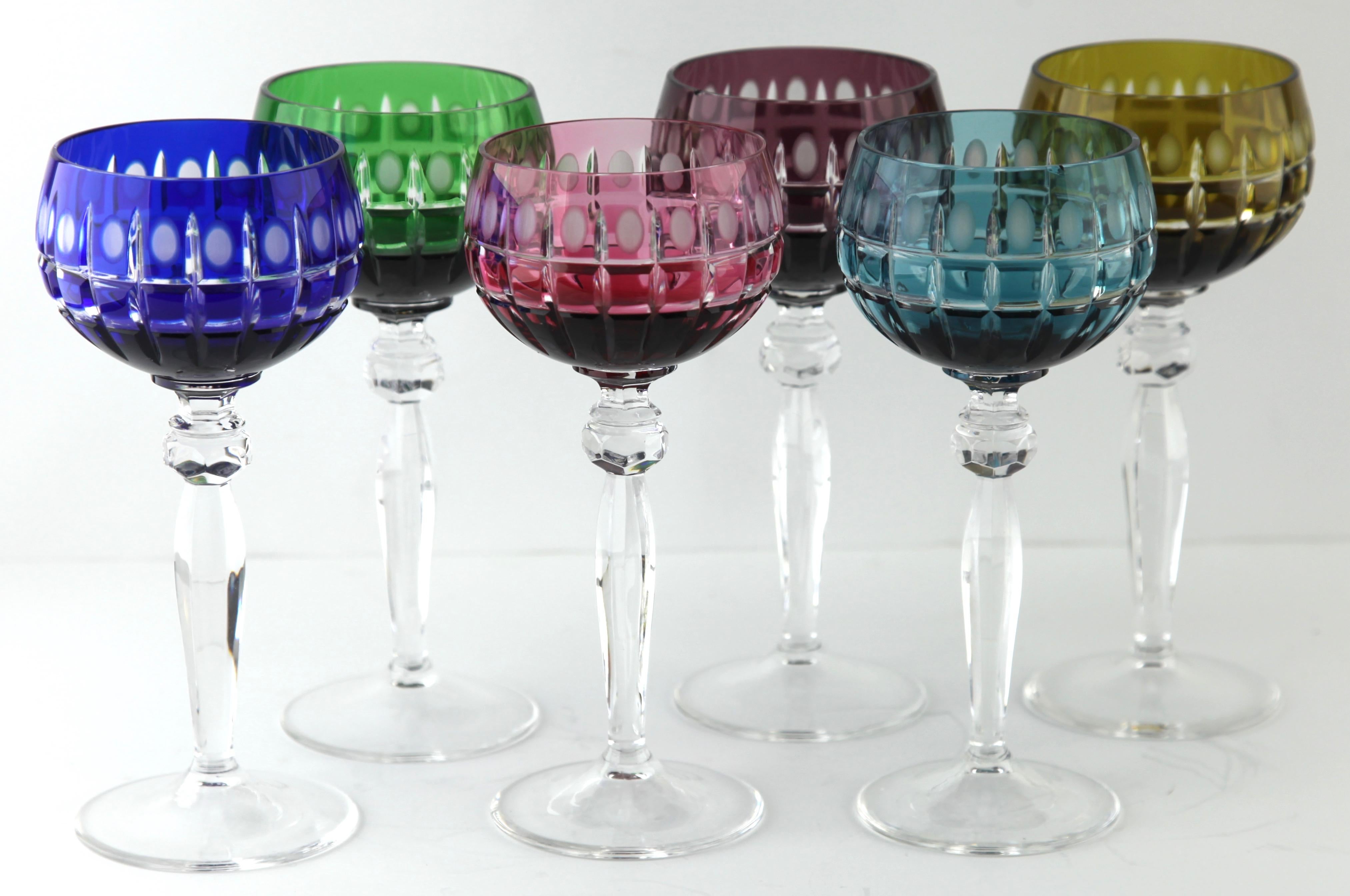 Faceted Crystal Set of 6 Nachtmann Stem Glasses with Overlay Cut to Clear