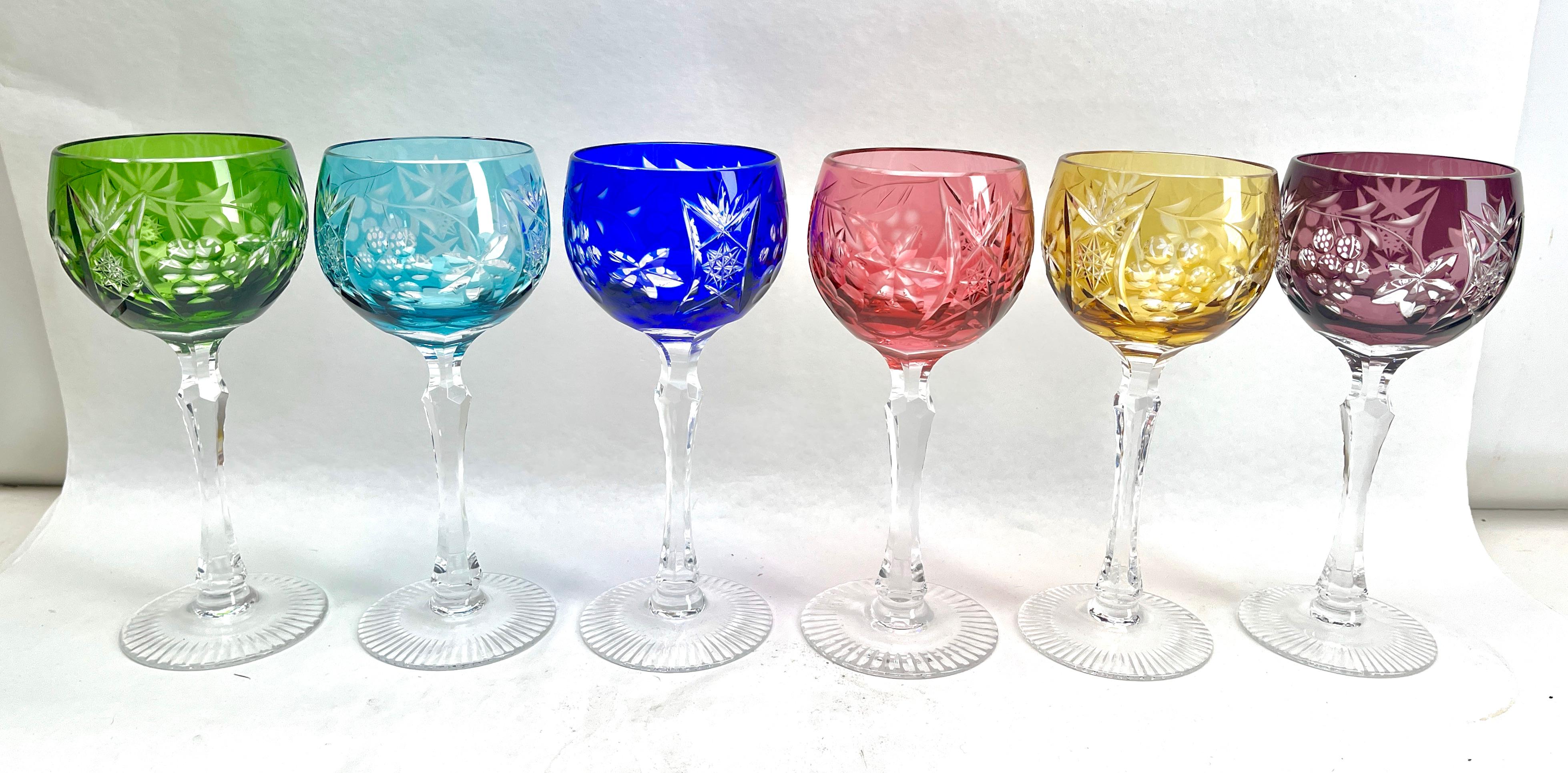 Mid-20th Century Crystal Set of 6 Nachtmann Stem Glasses with Overlay Cut to Clear