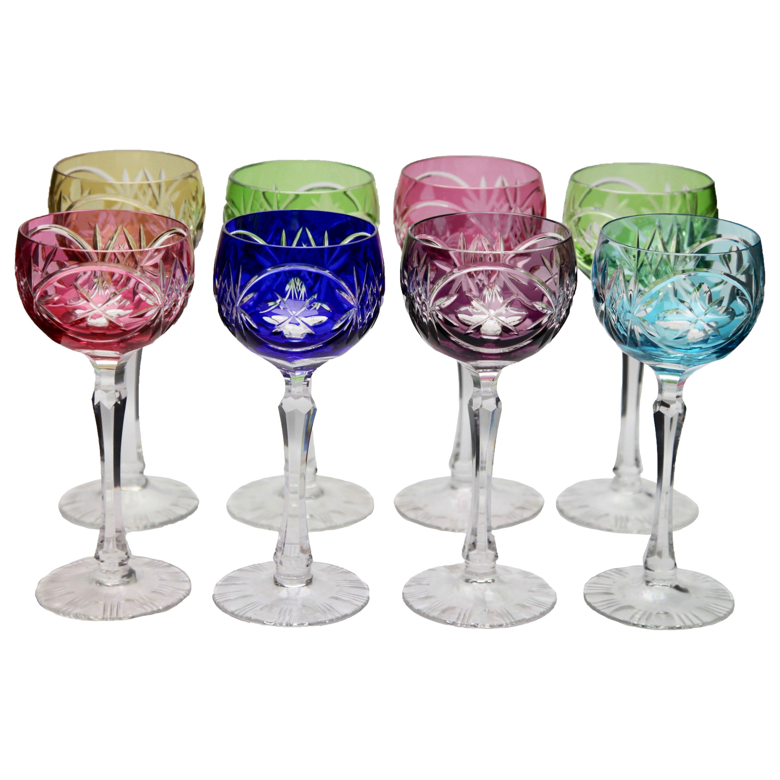 Crystal Set of 8 Lausitzer Stem Glasses with Colored Overlay Cut to Clear