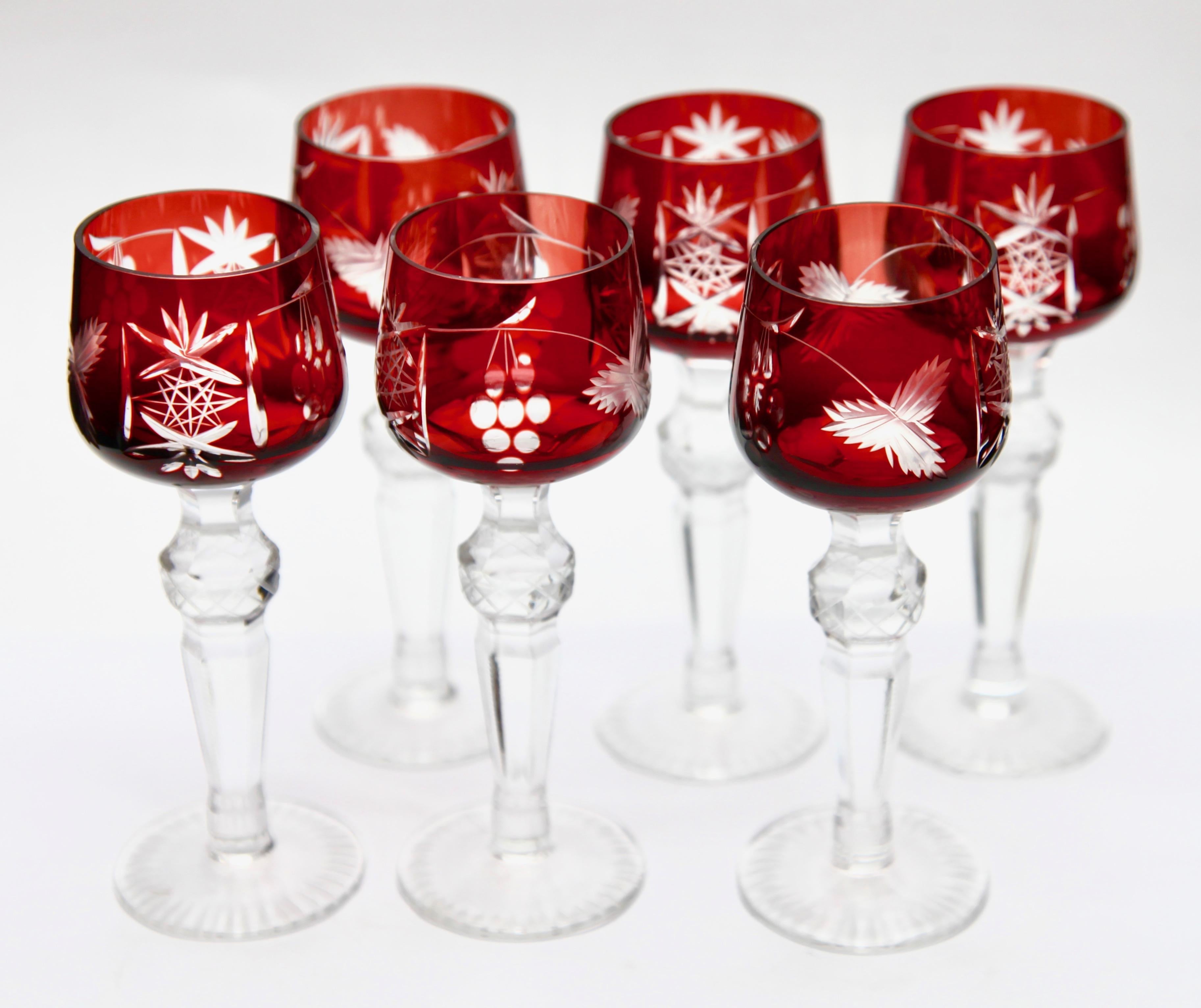 German Crystal Set of Six Lausitzer Stem Glasses Shot with Colored Overlay Cut to Clear For Sale