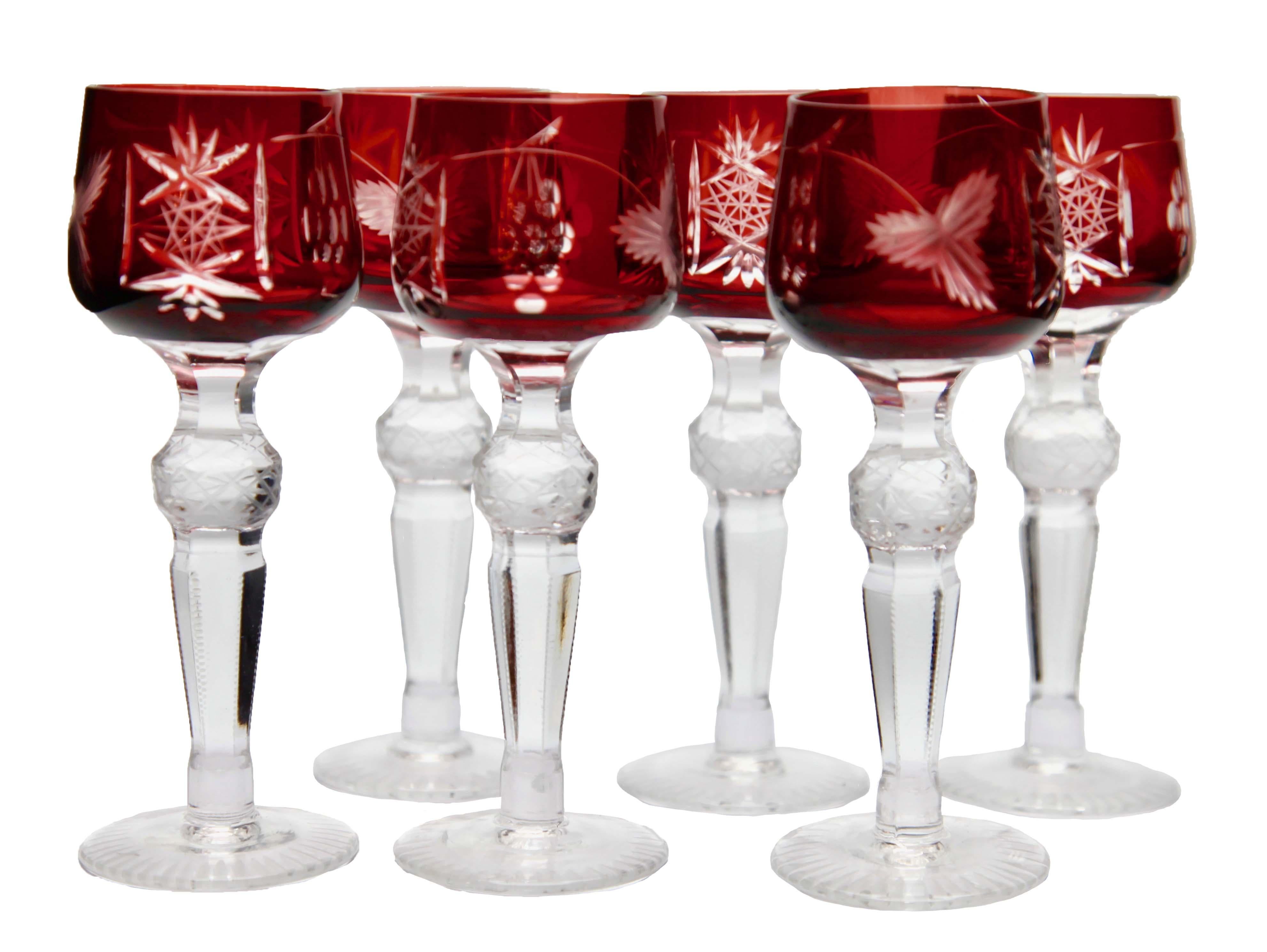 Faceted Crystal Set of Six Lausitzer Stem Glasses Shot with Colored Overlay Cut to Clear For Sale