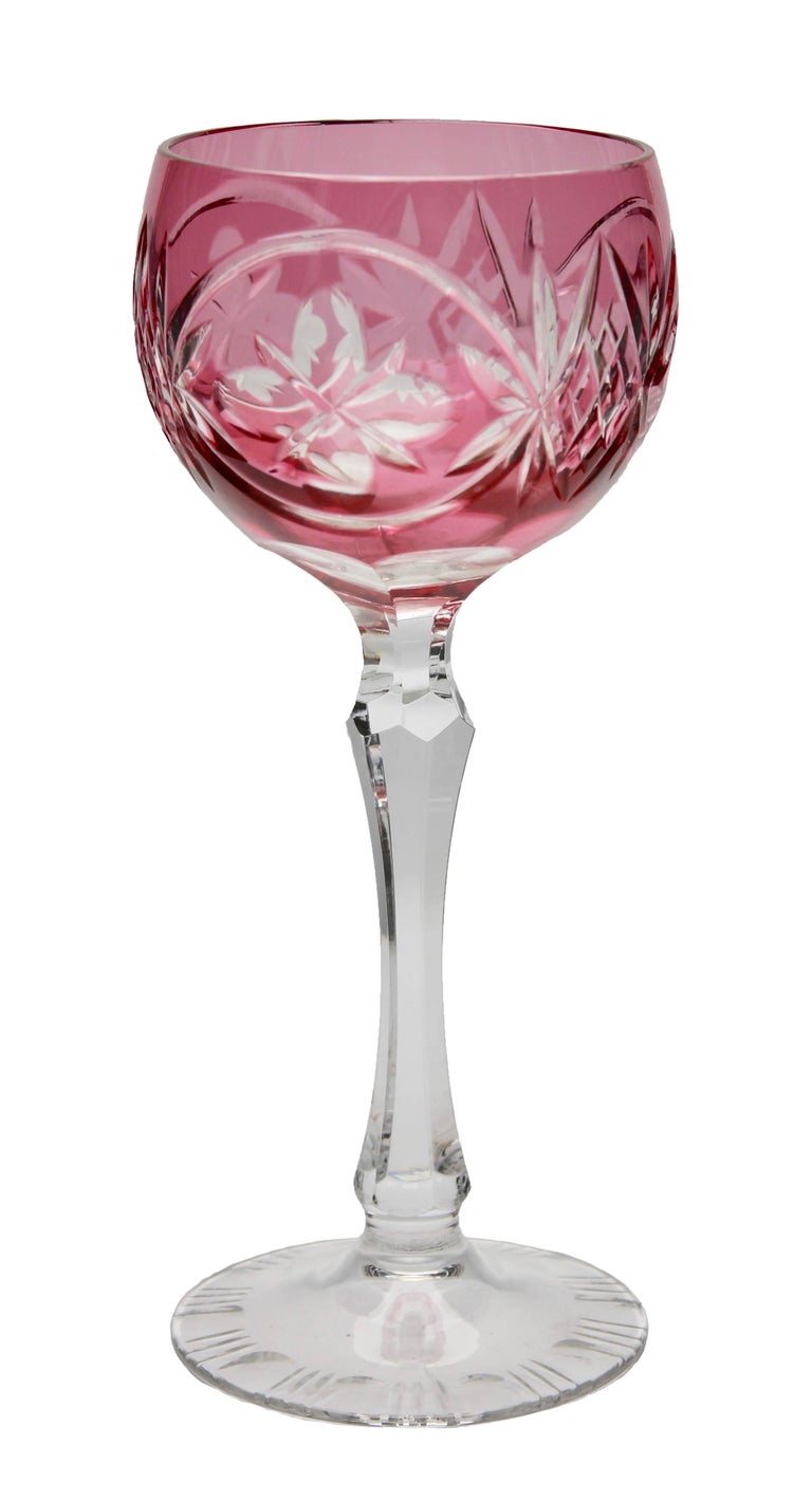 Crystal Set of Six Lausitzer Stem Glasses with Colored Overlay Cut to