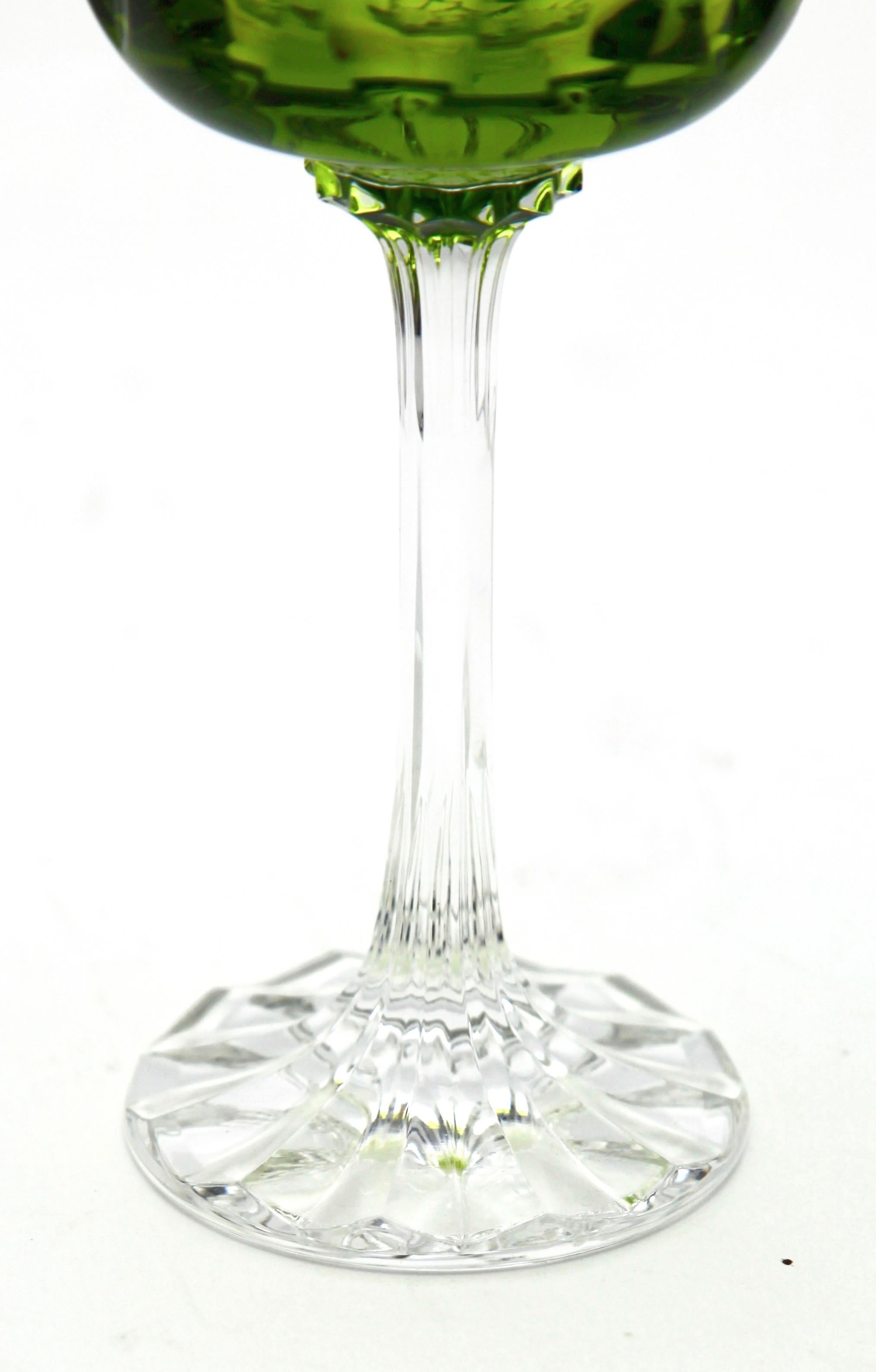 Mid-Century Modern Crystal Set of Six Lausitzer Stem Glasses with Colored Overlay Cut to Clear For Sale