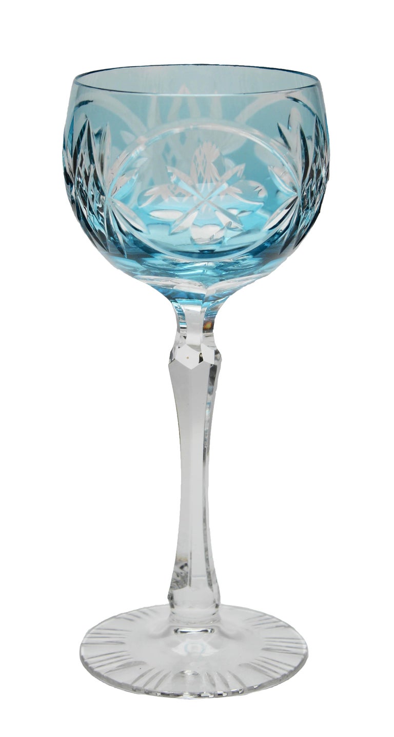 Crystal Set of Six Lausitzer Stem Glasses with Colored Overlay Cut to