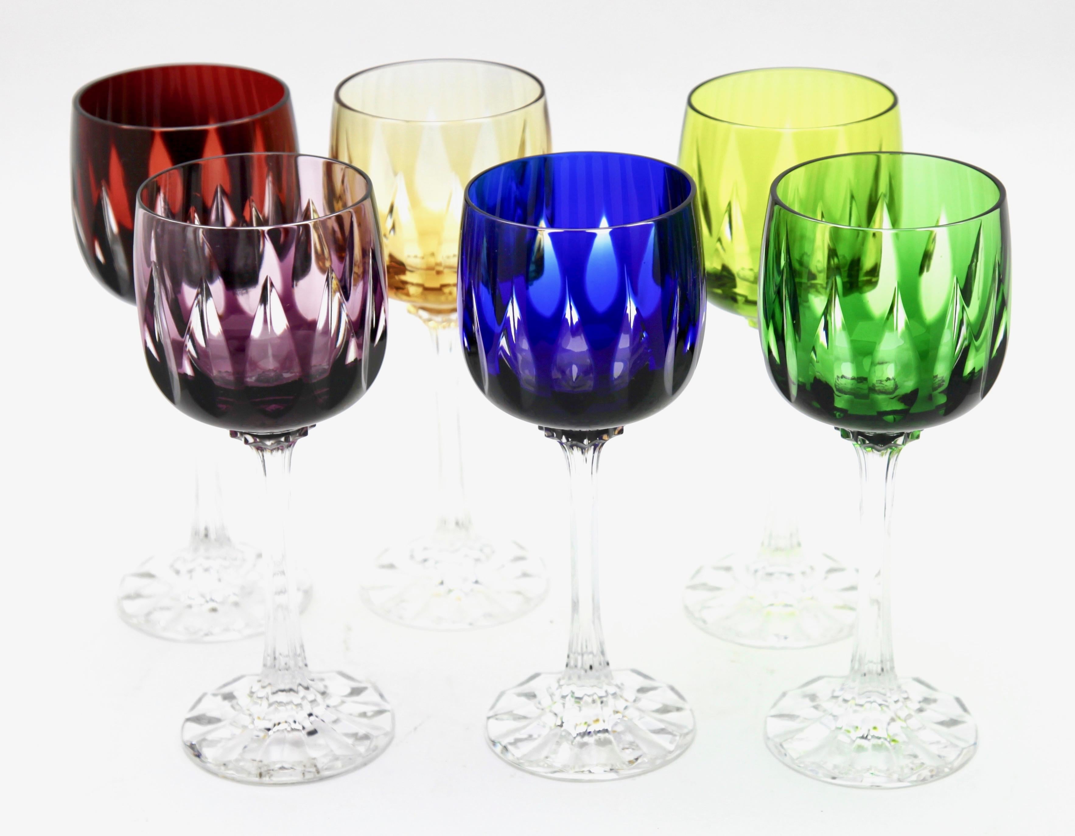 German Crystal Set of Six Lausitzer Stem Glasses with Colored Overlay Cut to Clear For Sale