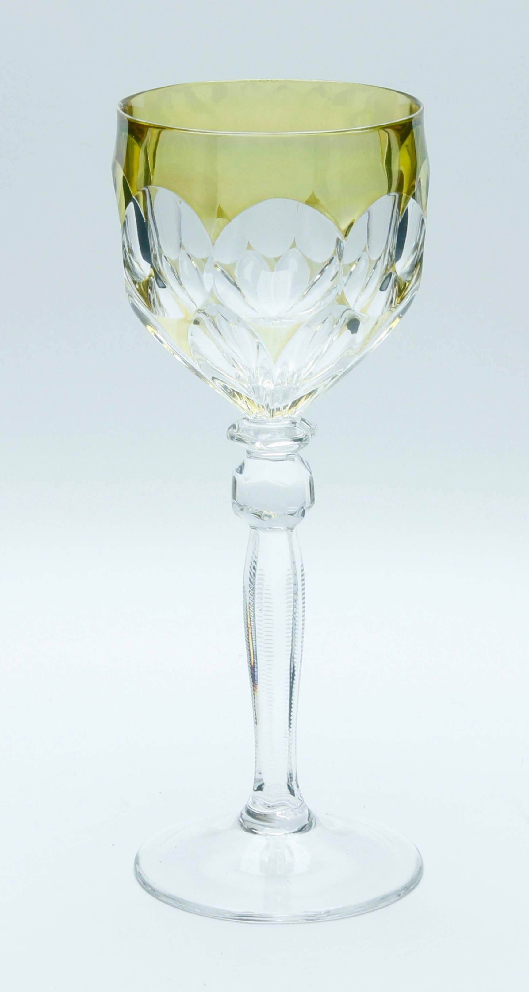 Mid-20th Century Crystal Set of Six Lausitzer Stem Glasses with Colored Overlay Cut to Clear