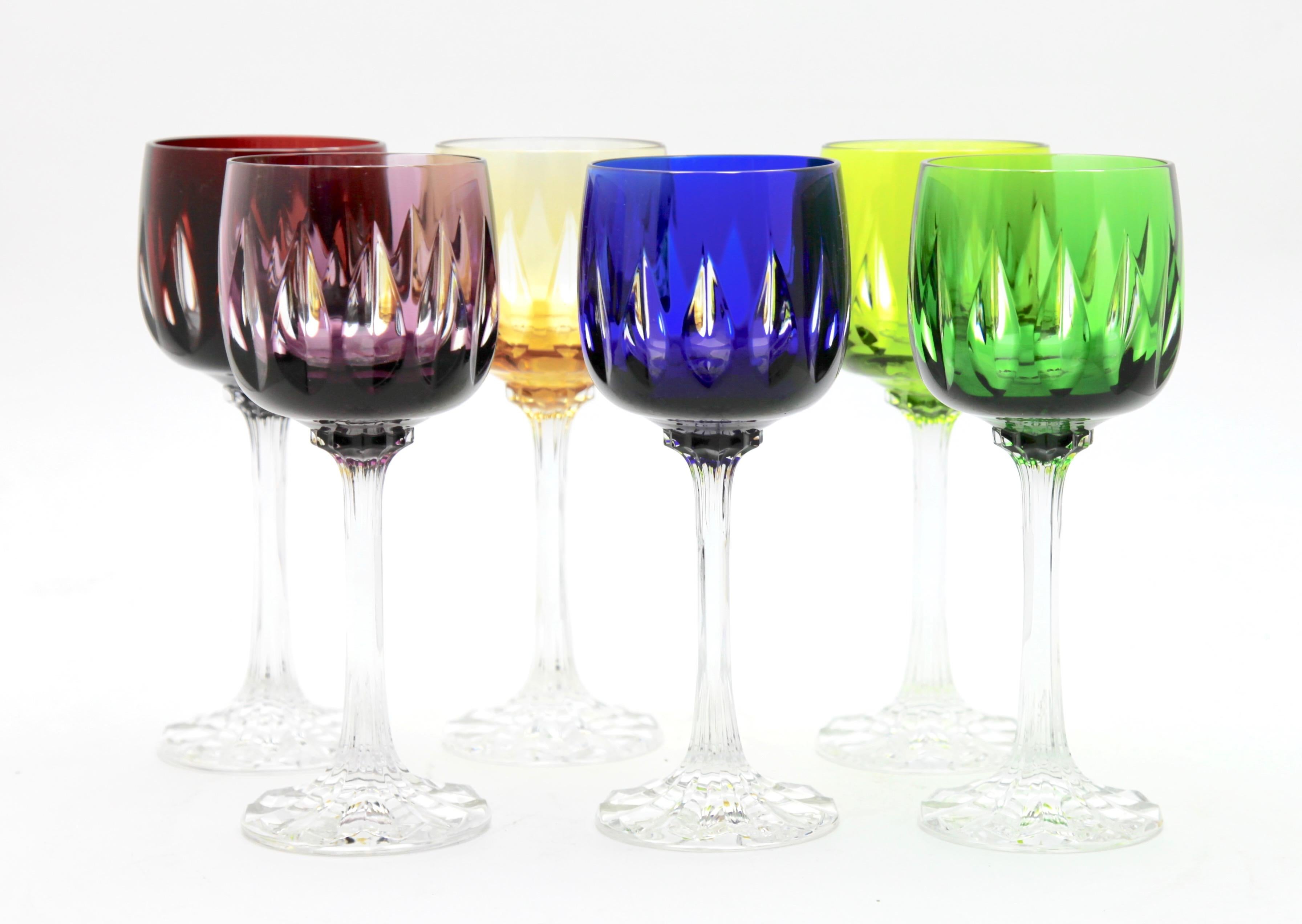 Mid-20th Century Crystal Set of Six Lausitzer Stem Glasses with Colored Overlay Cut to Clear For Sale