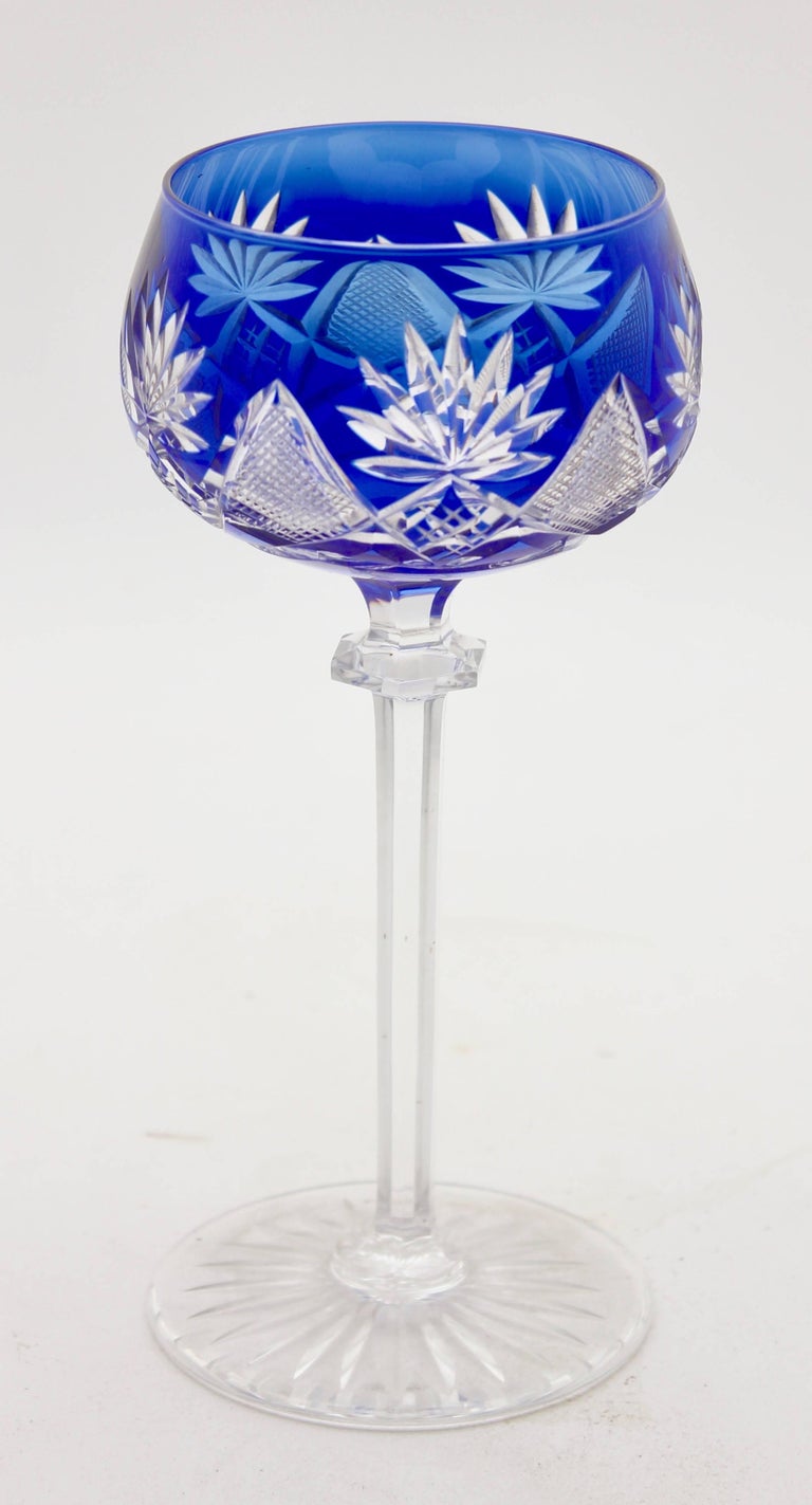 Crystal Set of Six Lausitzer Stem Glasses with Colored Overlay Cut to