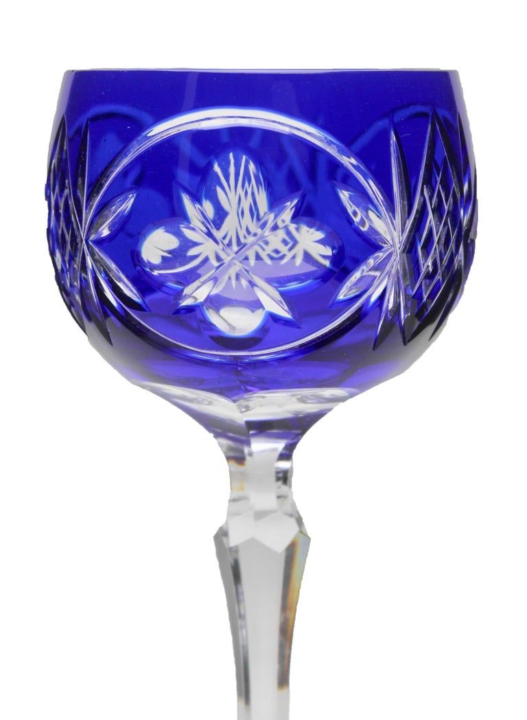 Crystal Set of Six Lausitzer Stem Glasses with Colored Overlay Cut to