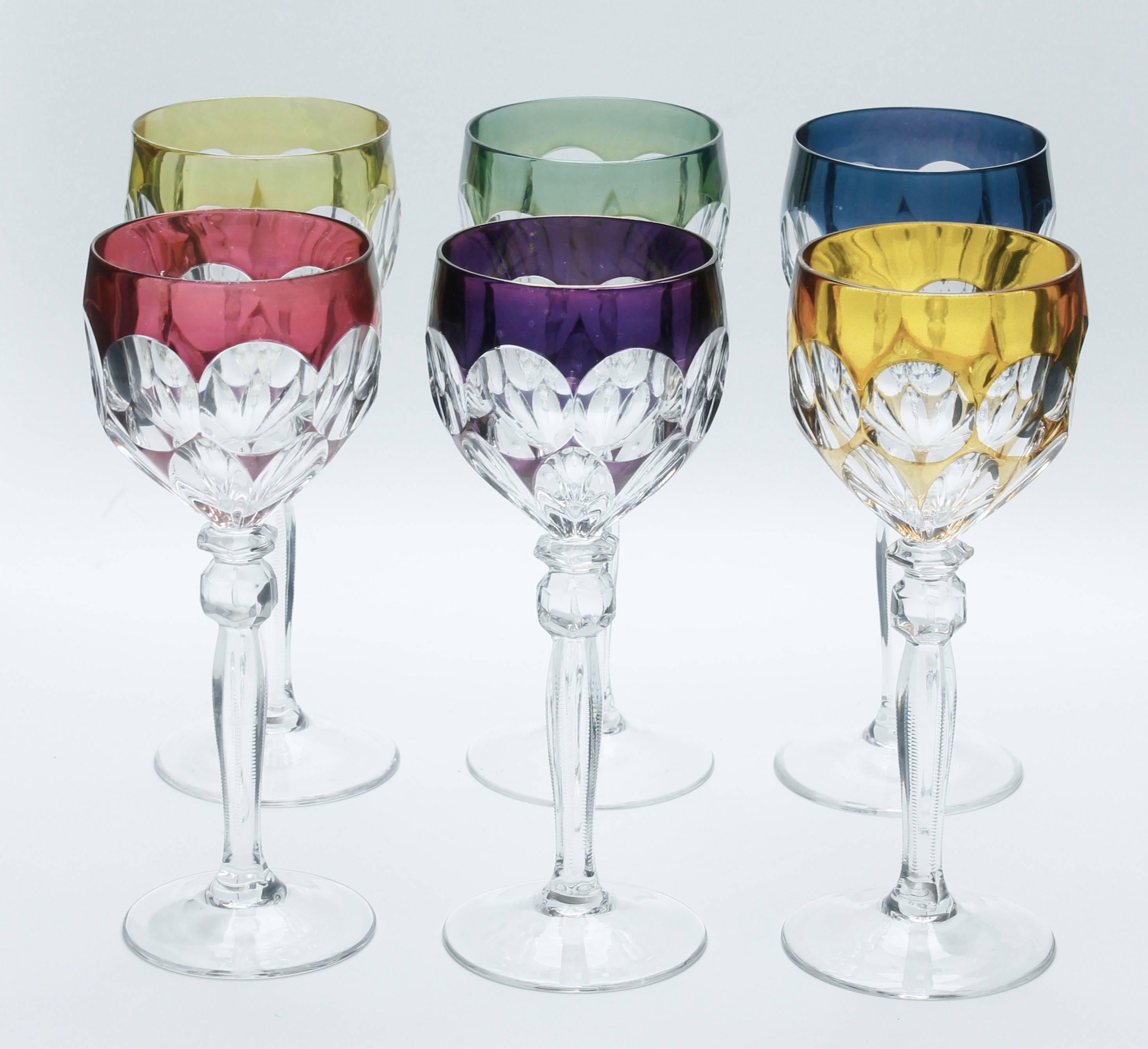 Crystal Set of Six Lausitzer Stem Glasses with Colored Overlay Cut to Clear 2