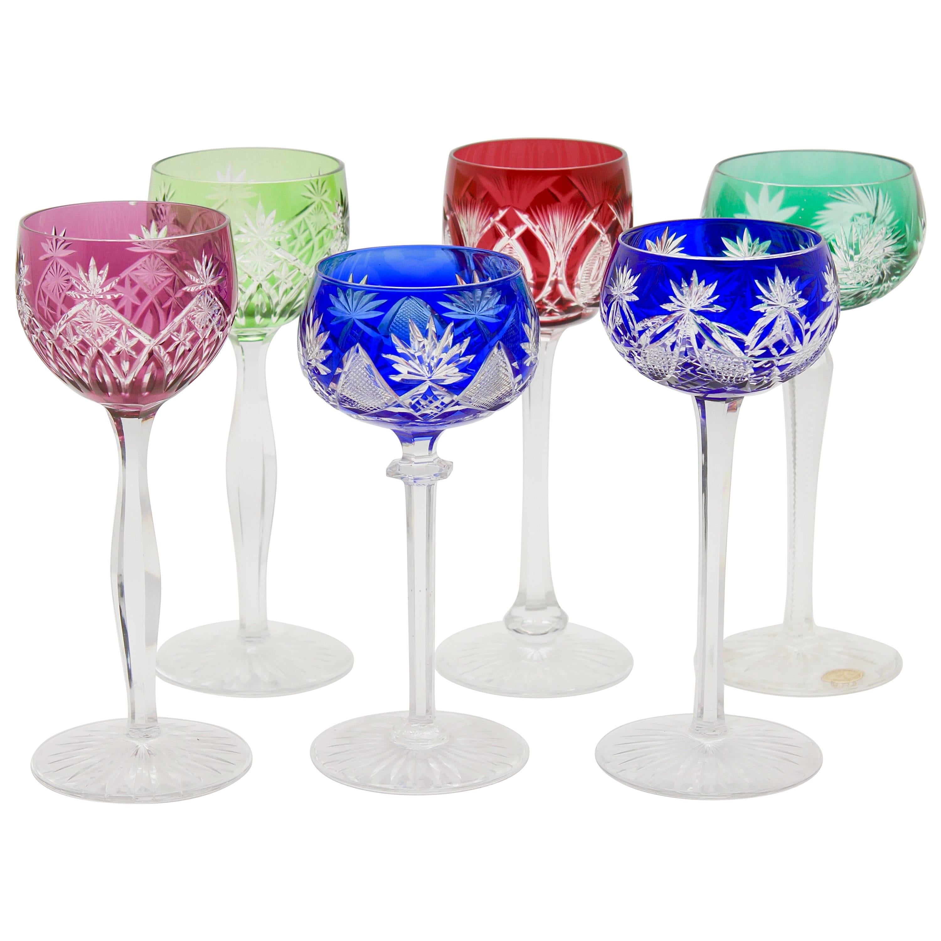 Crystal Set of Six Lausitzer Stem Glasses with Colored Overlay Cut to Clear