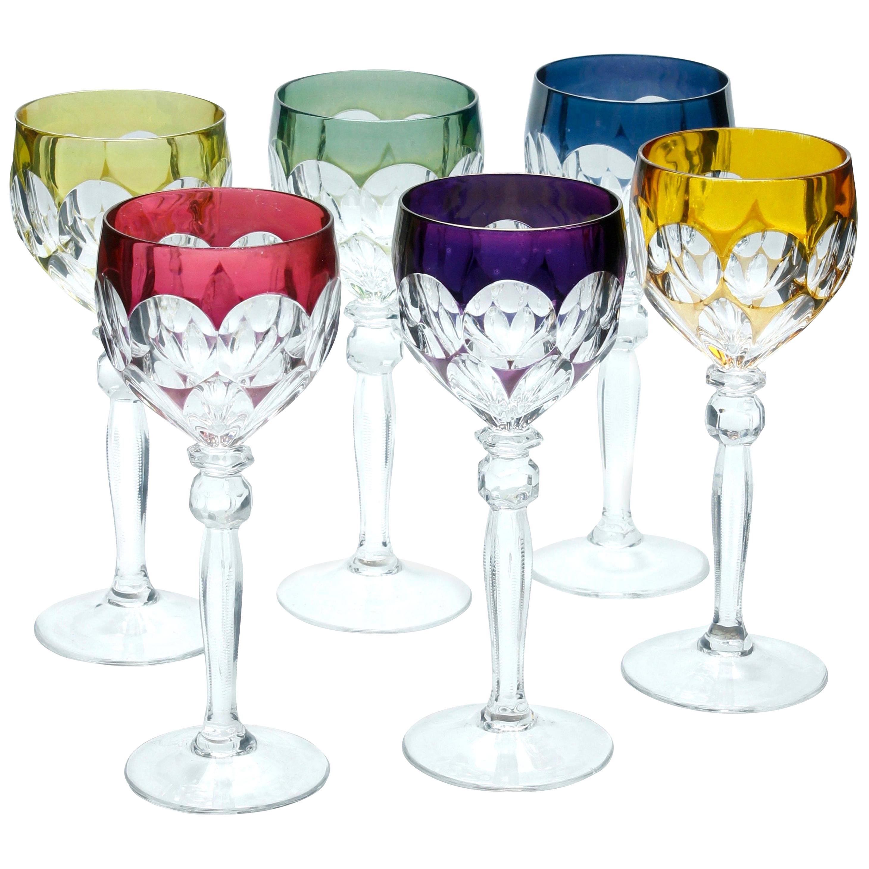 Crystal Set of Six Lausitzer Stem Glasses with Colored Overlay Cut to Clear