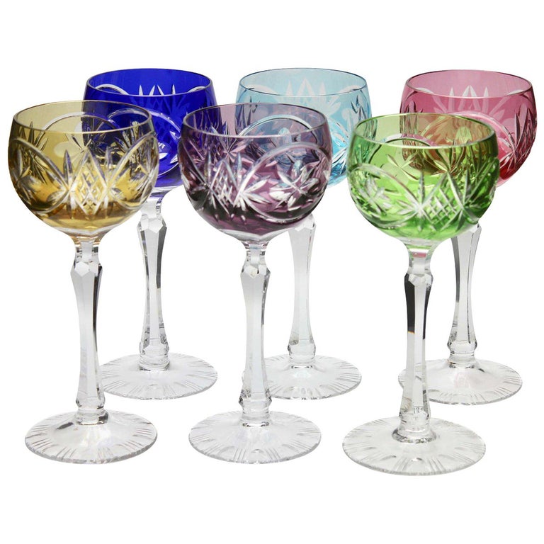 Crystal Set of Six Lausitzer Stem Glasses with Colored Overlay Cut to