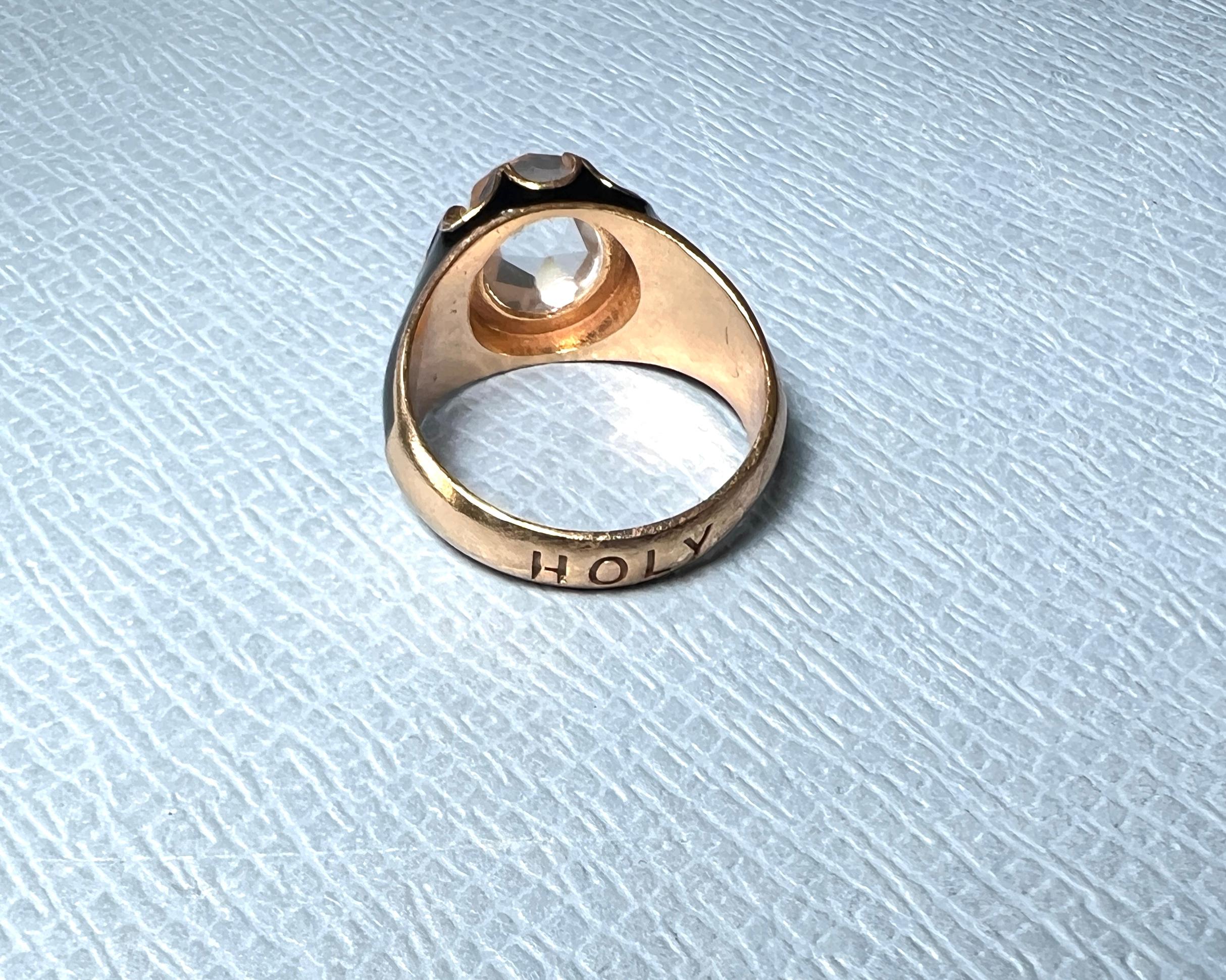Single Cut Crystal Ring Victorian style Black Enamel For Sale