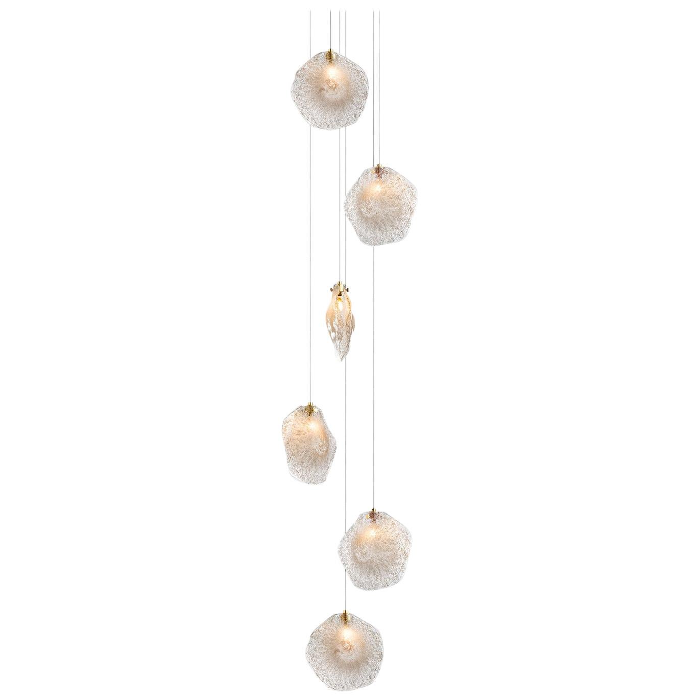 Crystal Shell 6, 7"  Blown Glass Pendant Foyer Chandelier by Shakuff For Sale