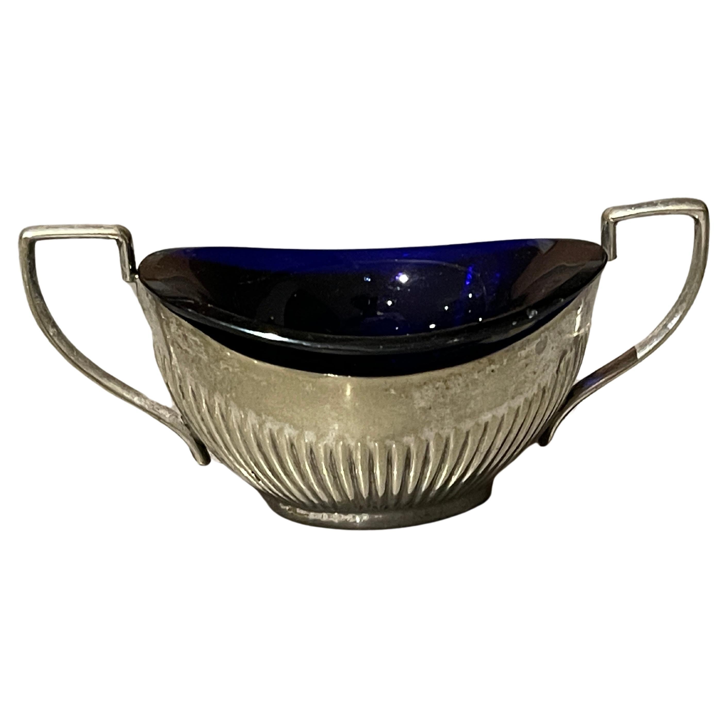 Crystal & Silver Mustard Bowl Blue Mid-century Glass Mustard Bowl Condiment Set For Sale