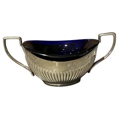 Antique Crystal & Silver Mustard Bowl Blue Mid-century Glass Mustard Bowl Condiment Set